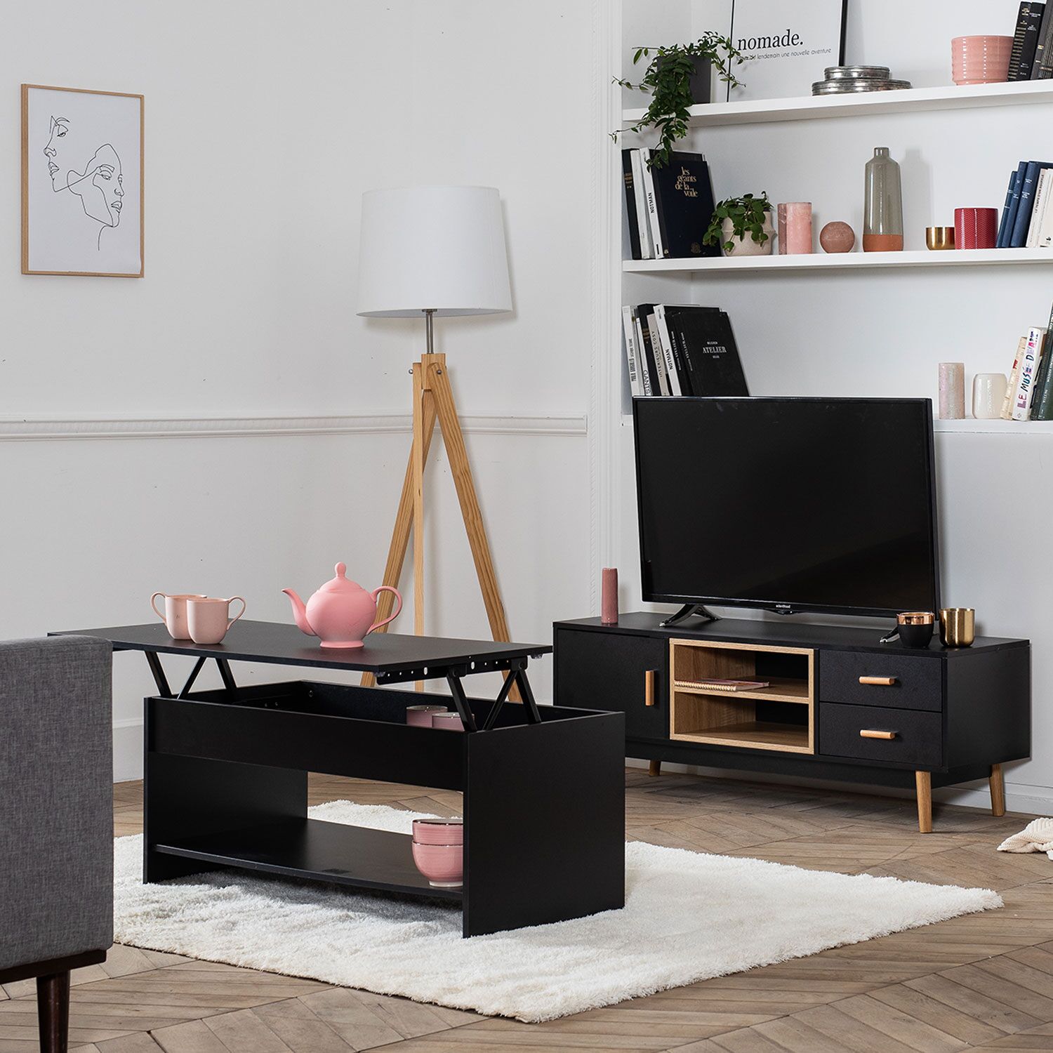Table basse avec plateau relevable noire
