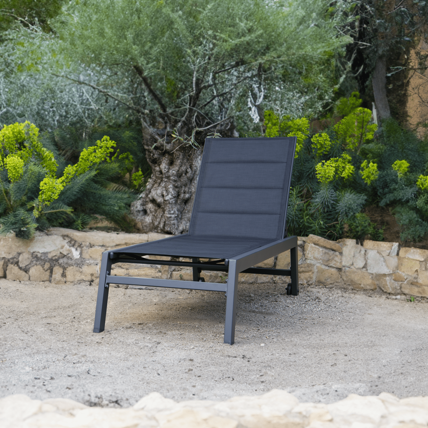 BARBADOS ligstoel in zwart textilene - antraciet grijs aluminium