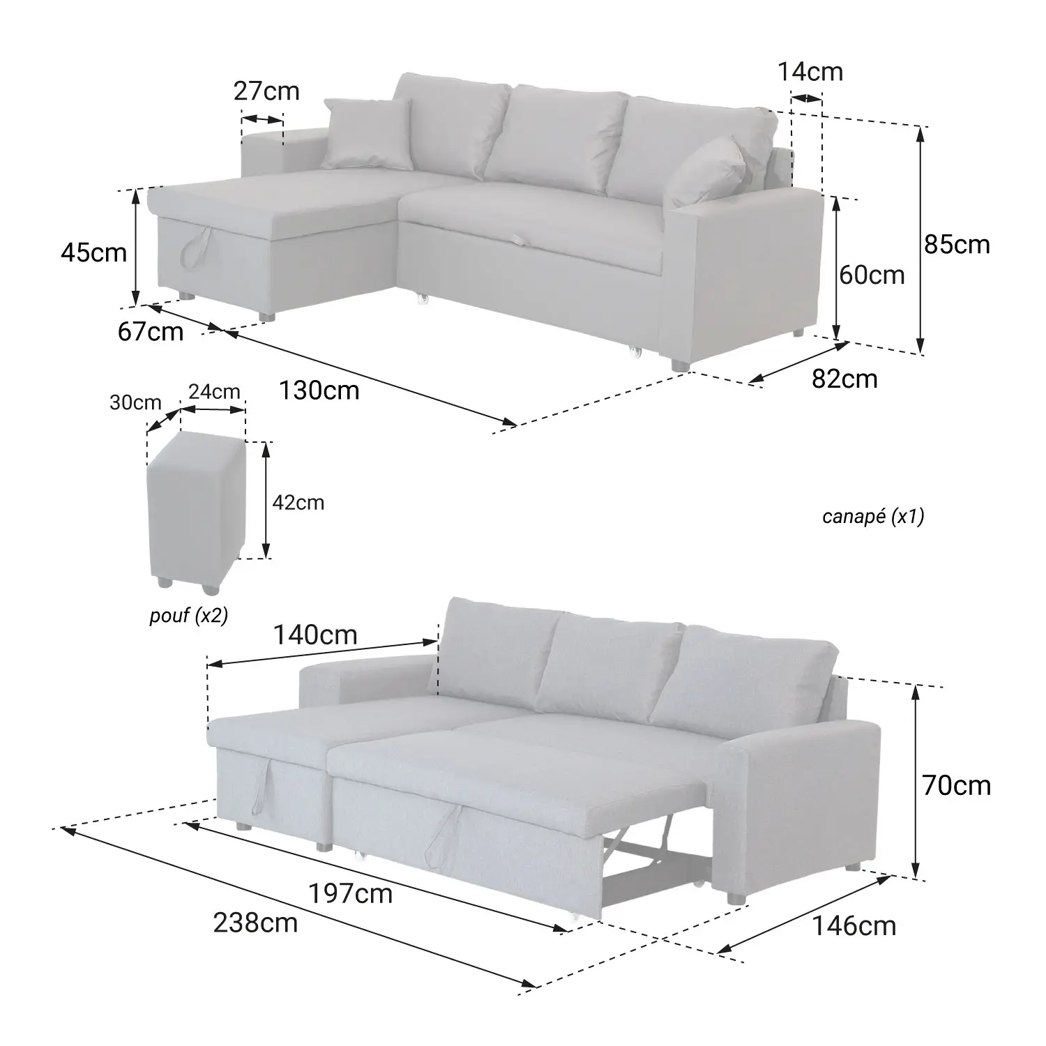 Sofá convertible 3 plazas gris chiné