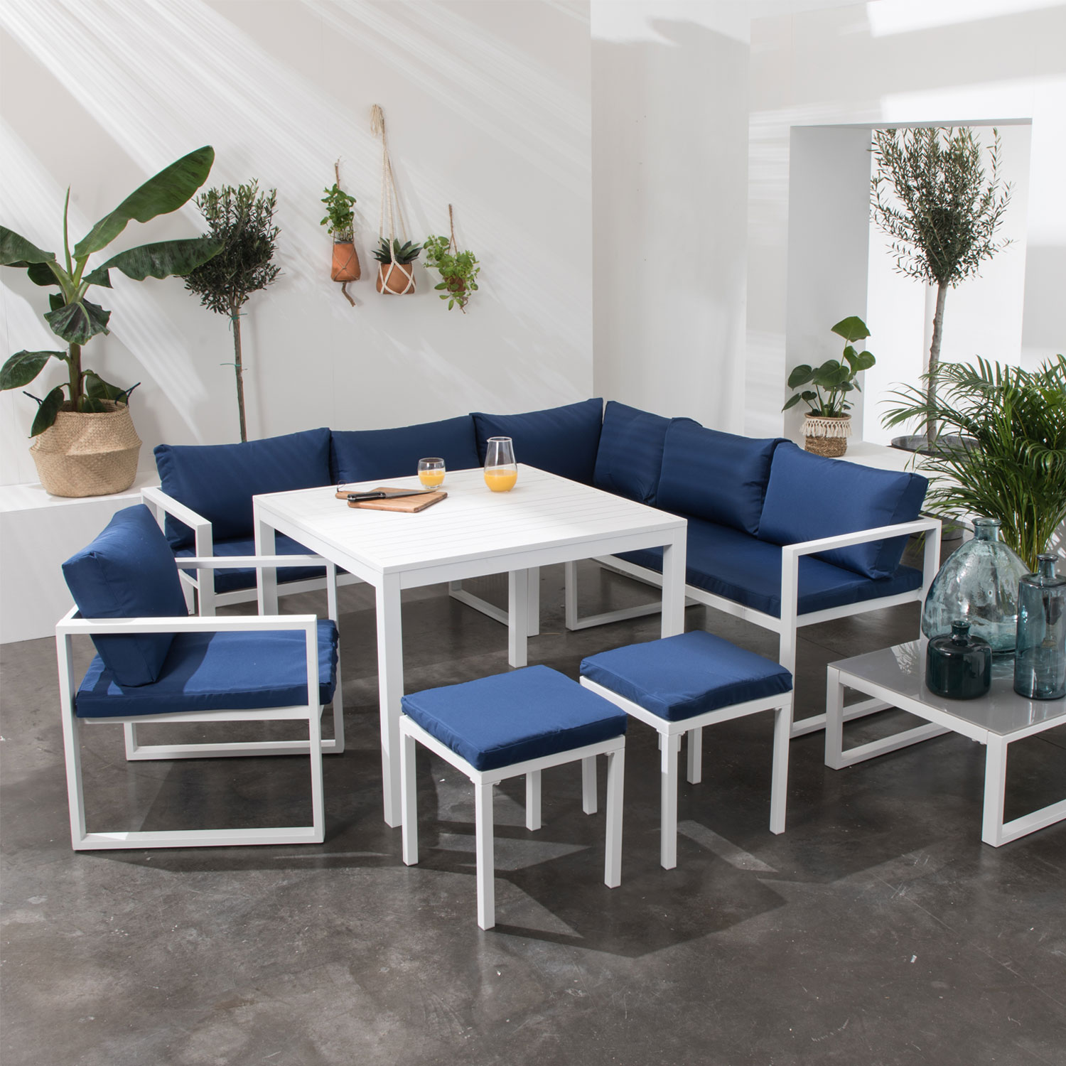 Salon de jardin modulable IBIZA en tissu bleu 7 places - aluminium blanc