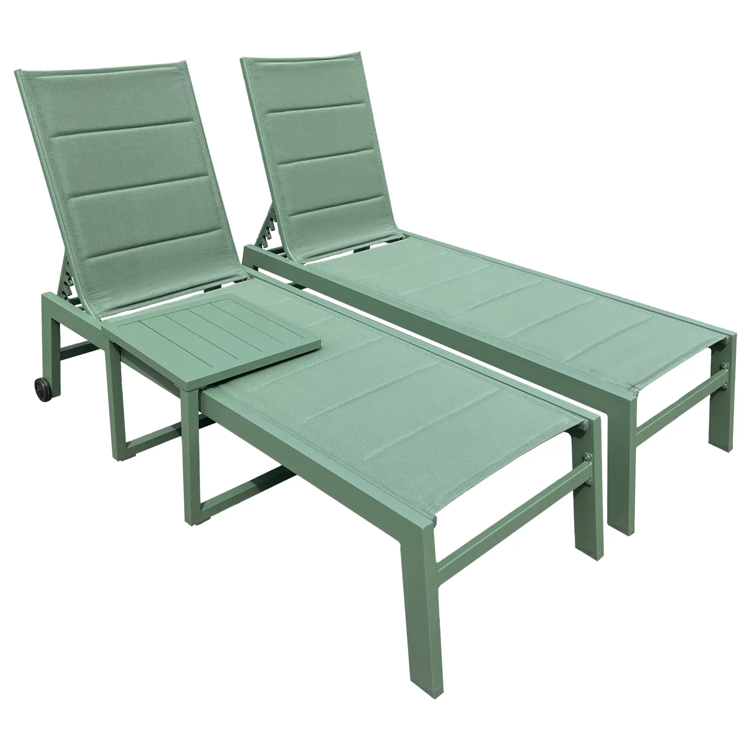 Set 2 bains de soleil et table d'appoint en textilène vert sauge - aluminium vert sauge
