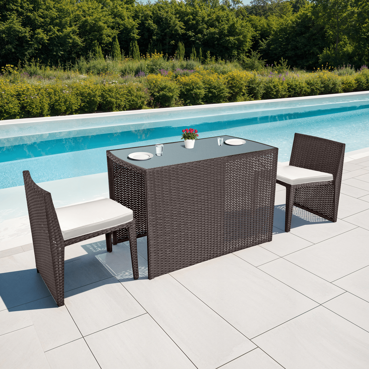 Salon de jardin encastrable SANTORIN en résine tressée marron 2 places - coussins ivoire