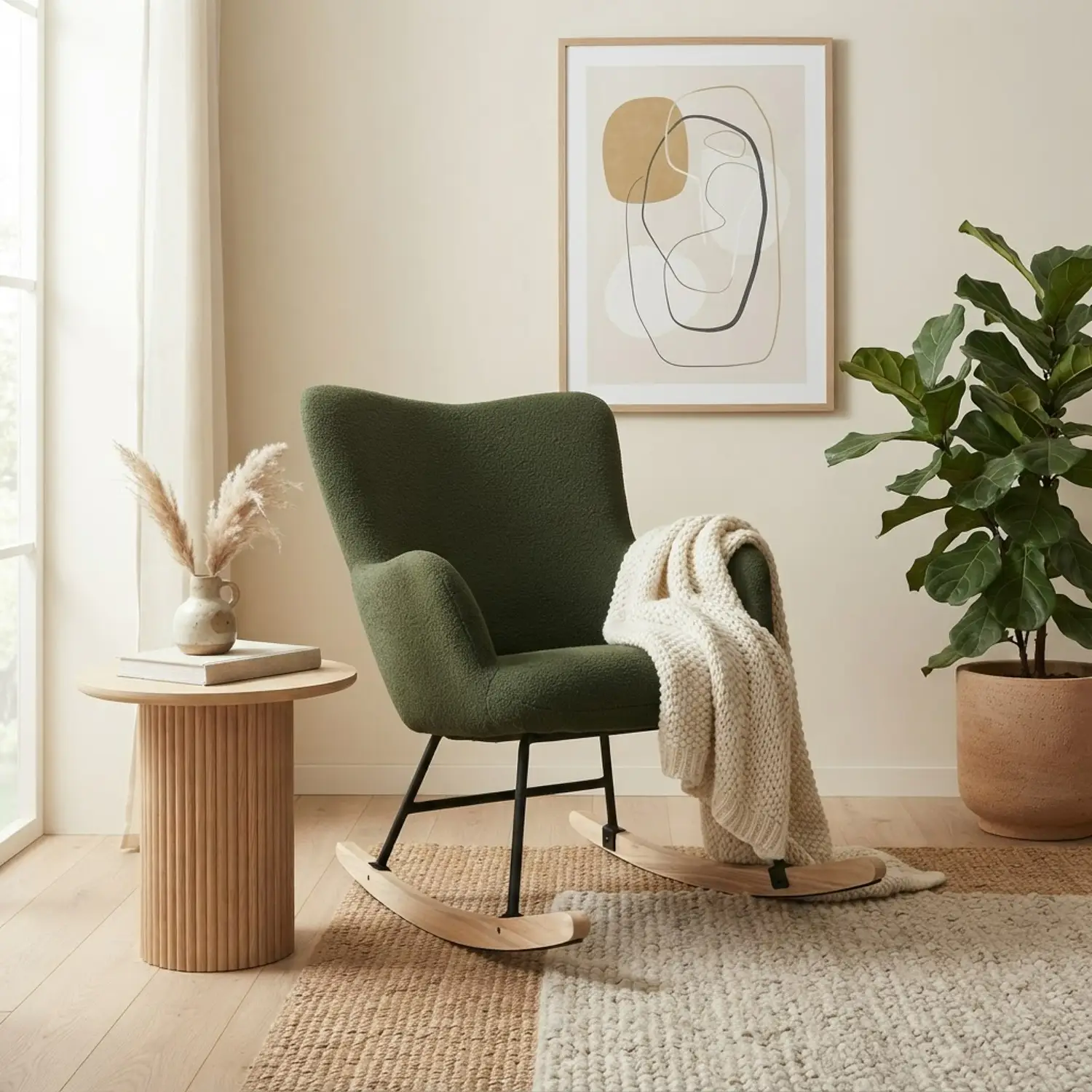 Fauteuil à bascule en tissu boucle vert kaki