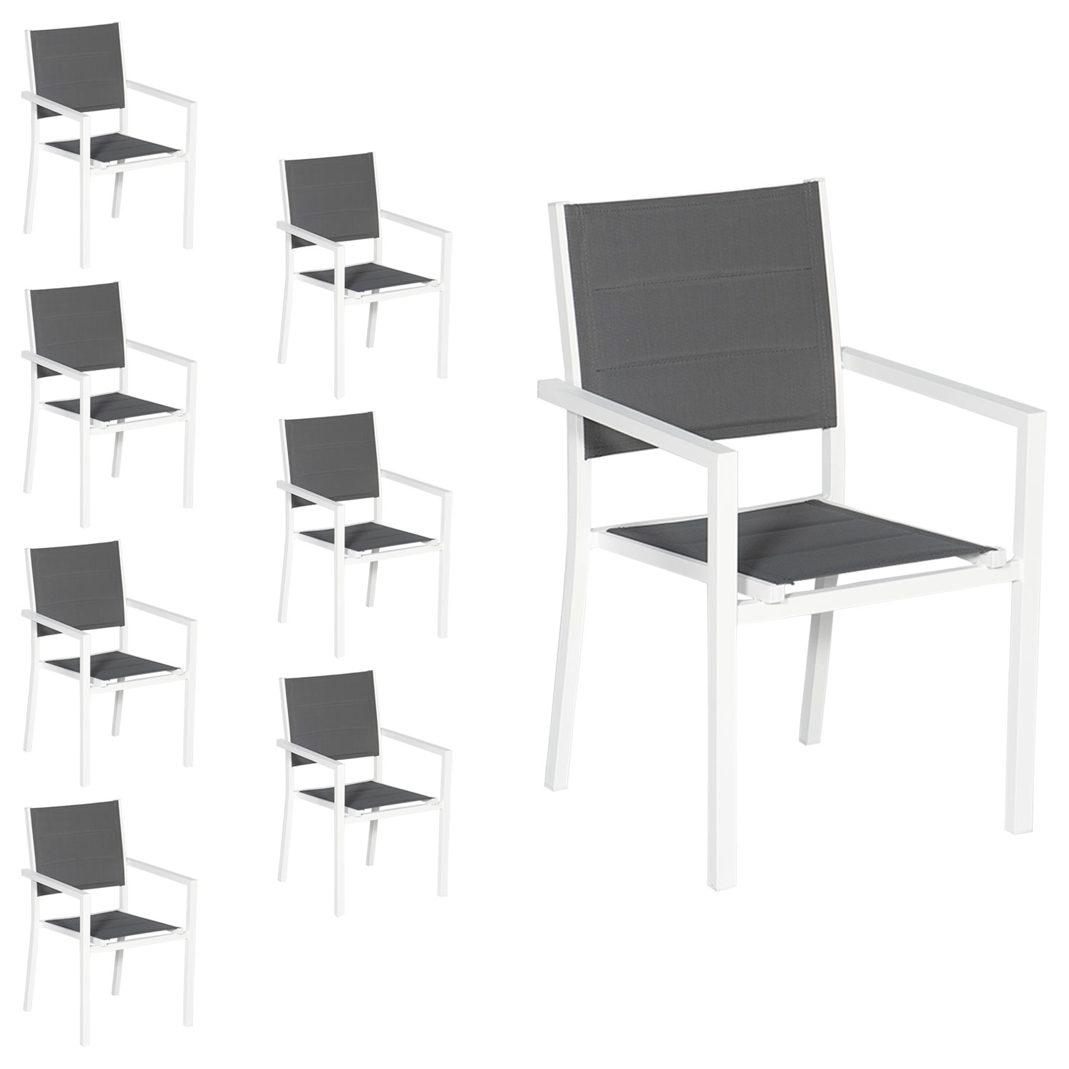 Lot de 8 chaises rembourrées en aluminium blanc - textilène gris