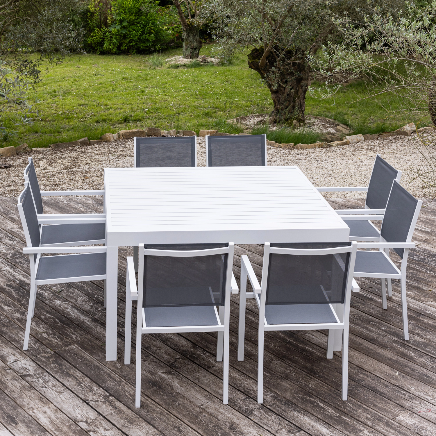 Conjunto de jardín extensible VENEZIA 140/200 en textileno gris 10 plazas - aluminio blanco