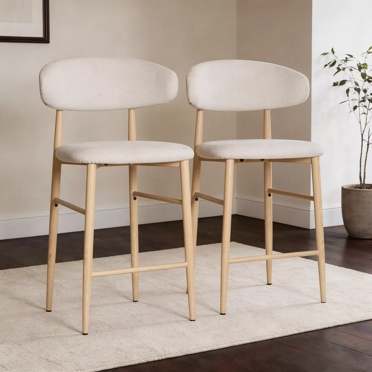 Lot de 2 tabourets de bar beige et métal effet bois clair