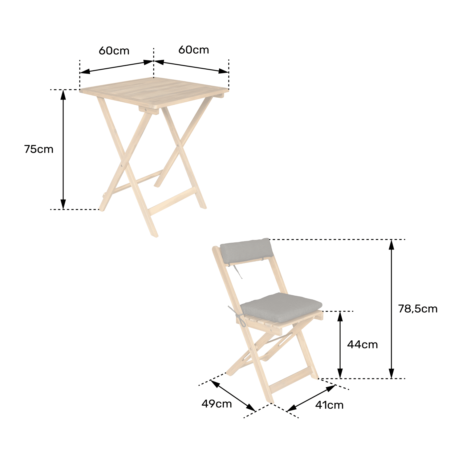 Set da tavolo e sedie per 2 posti in acacia e cuscini grigi BENAGIL