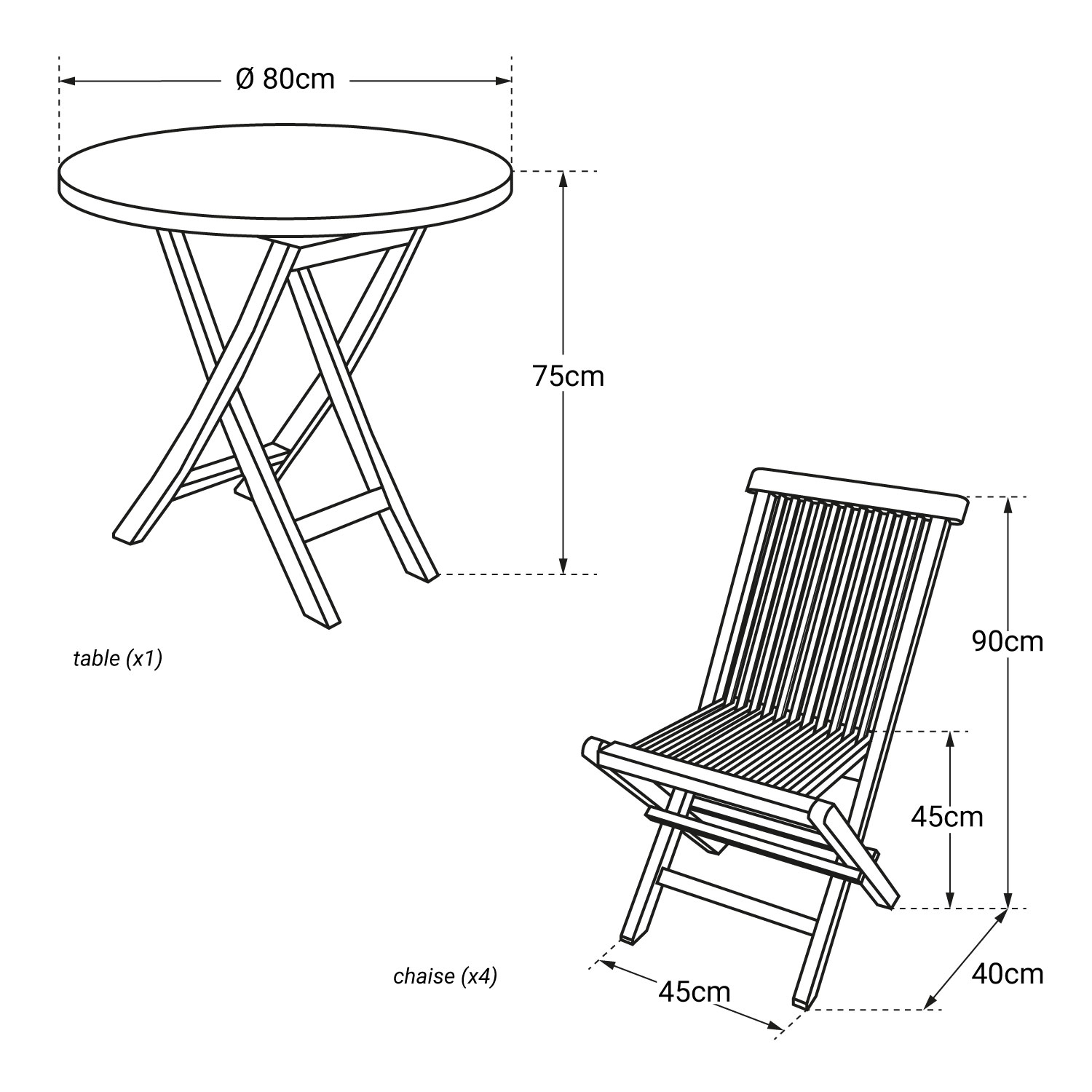 Salon de jardin en teck LOMBOK - table ronde pliable 80cm - 4 places