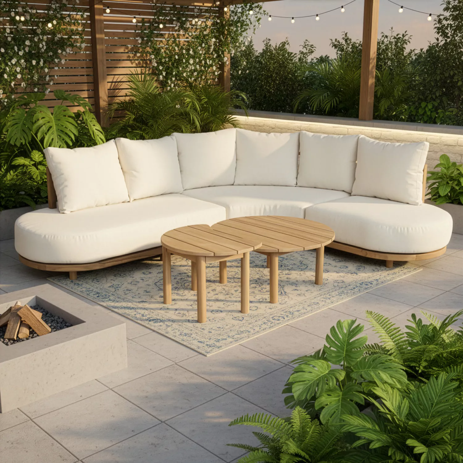 Salon de jardin 5 places en acacia et coussins beige LAGOA