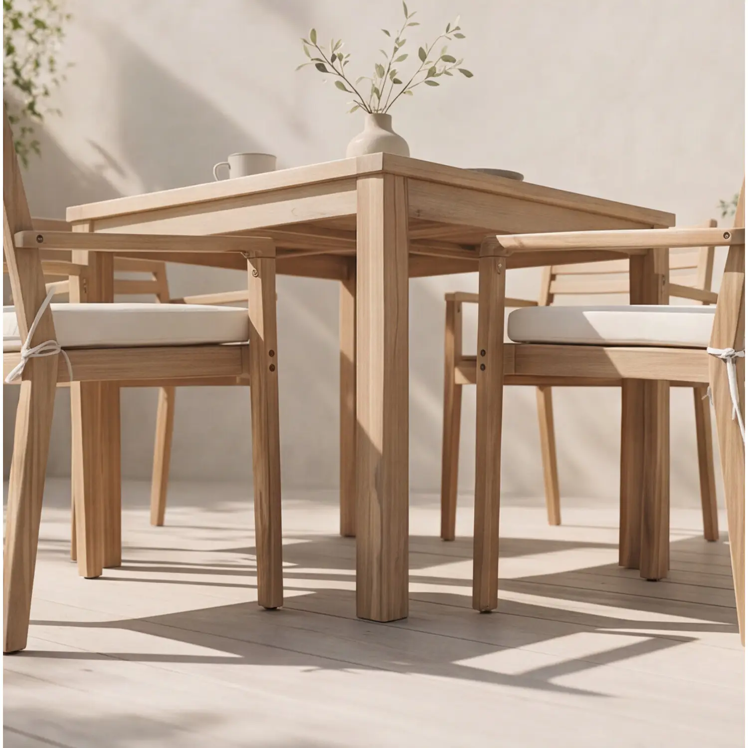 Mesa de jardim de 4 lugares e cadeiras em acácia e cerâmica