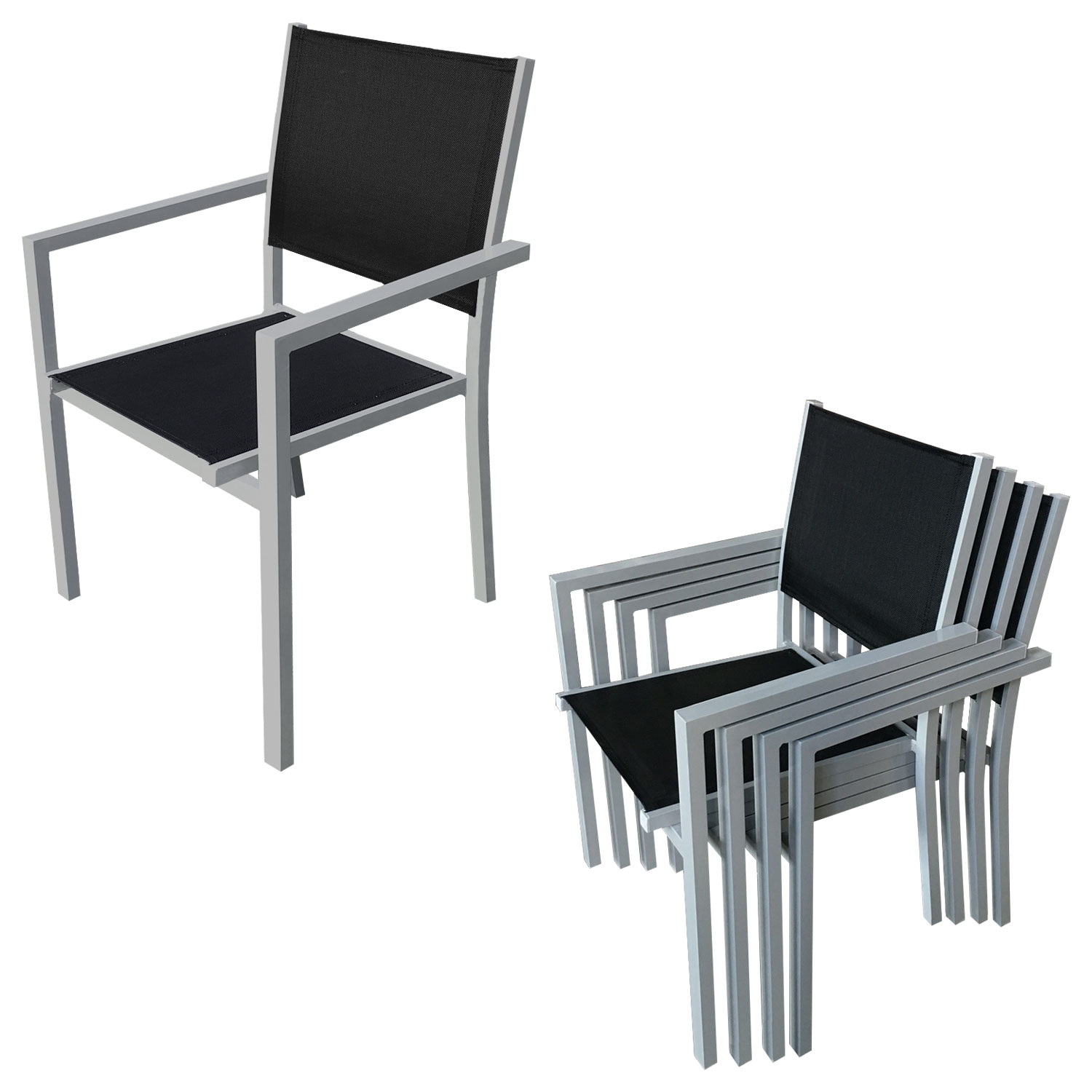 Gartenmöbel BERGAMO aus schwarzem Textilene 6-Sitzer - Aluminium grau