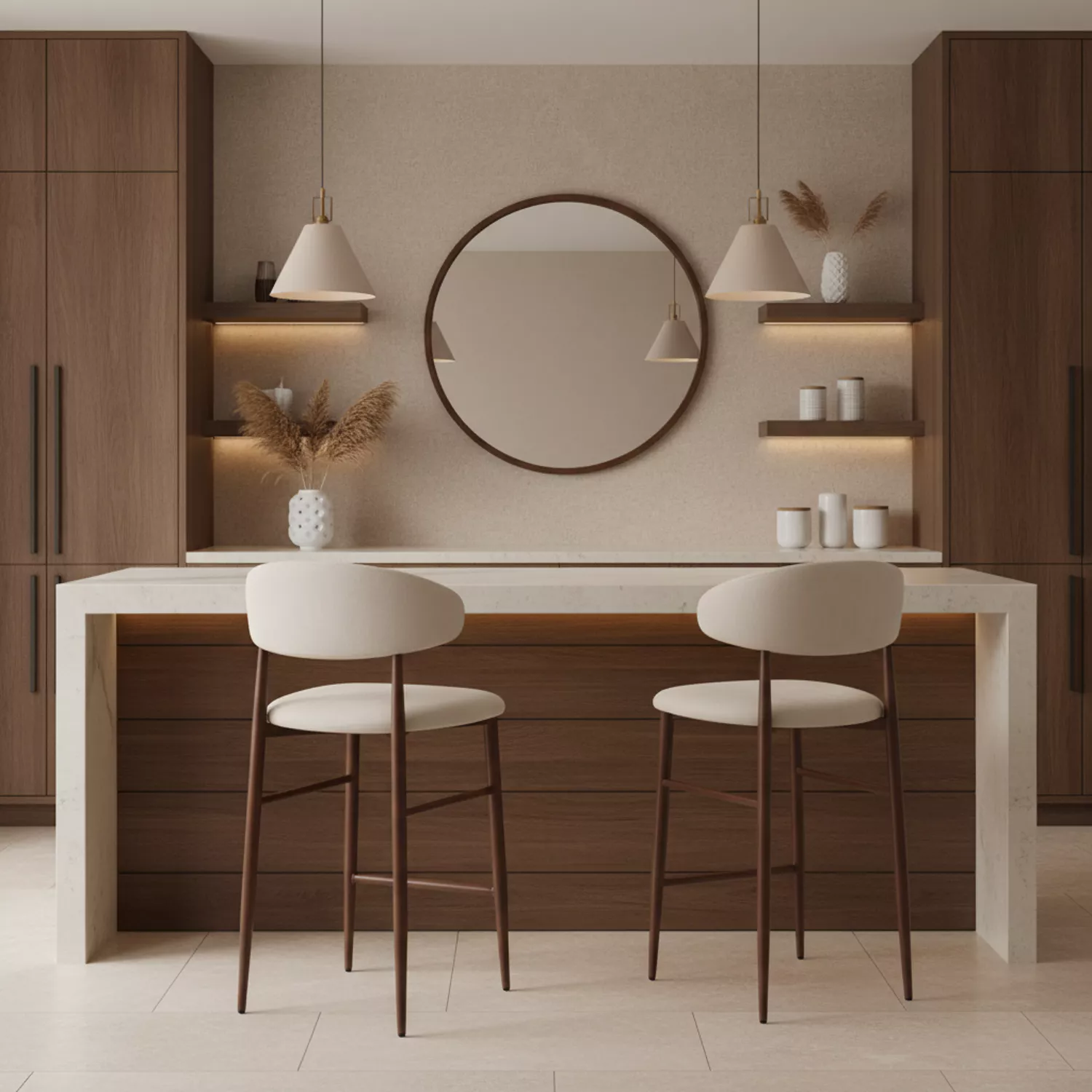 Set van 2 metalen barkrukken met beige en donker houteffect SIMON