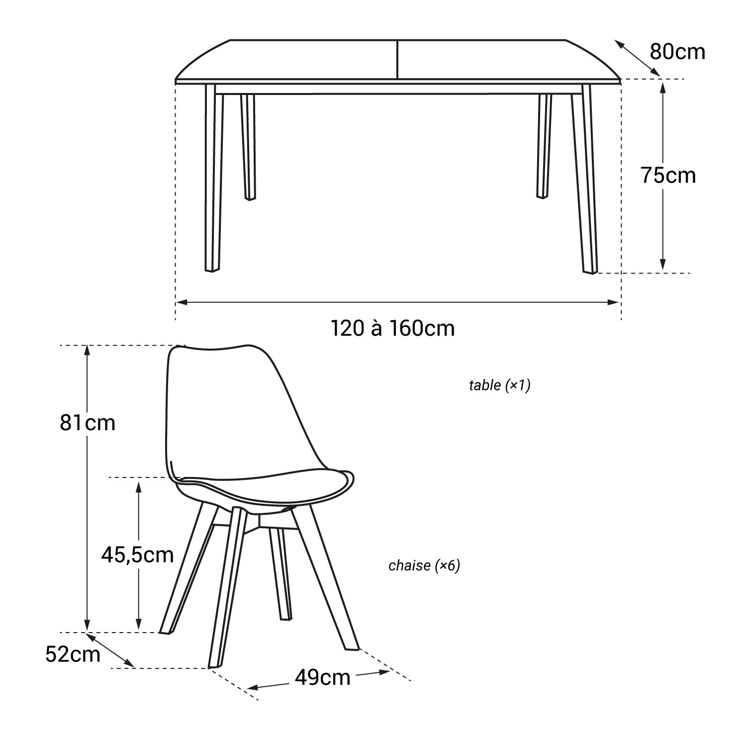 Uittrekbare tafel 120/160cm HELGA en 6 stoelen NORA zwart