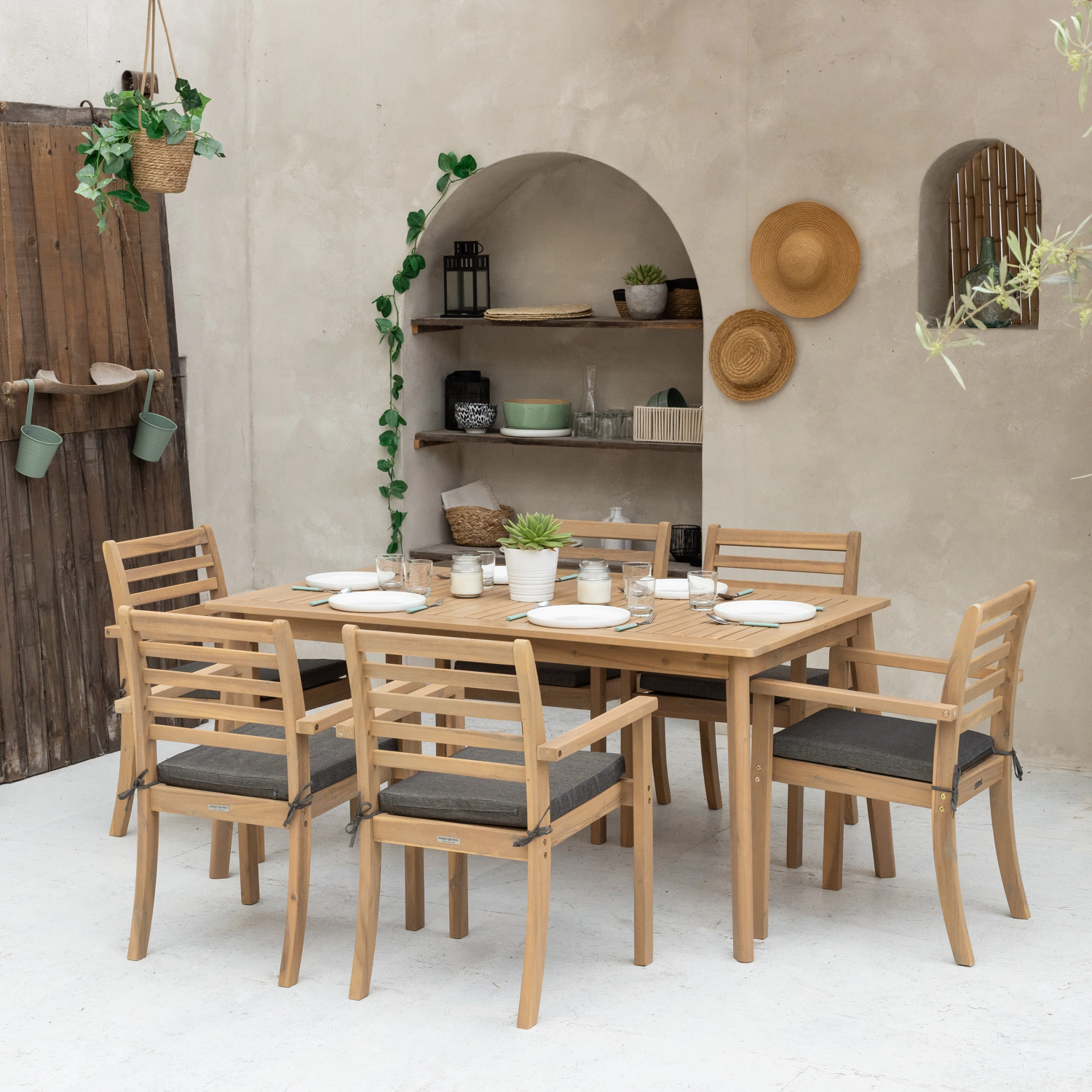 Conjunto de mobiliário de jardim Acacia SIMILAN 6 lugares - almofadas cinzentas