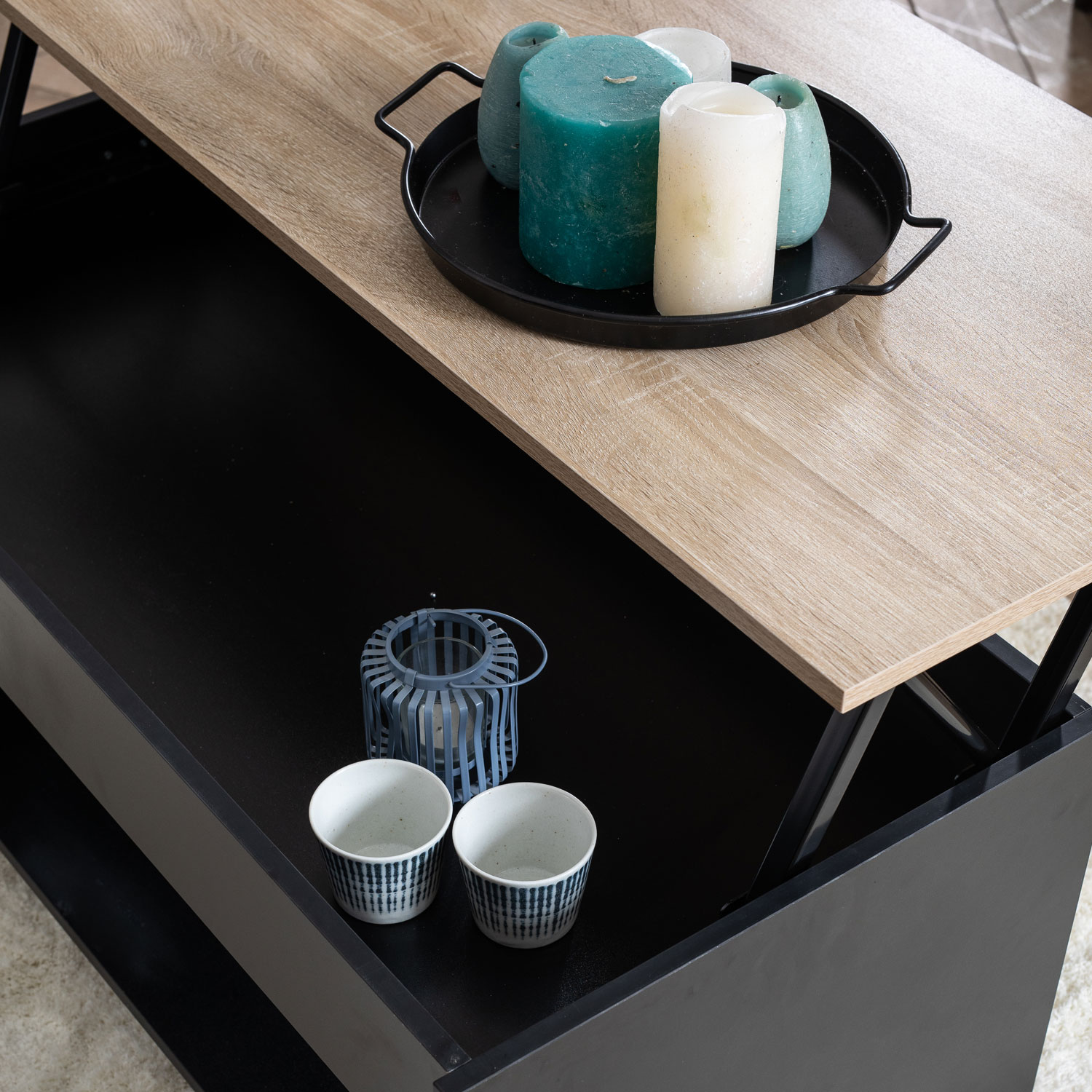 Mesa de café com tampo levantado, preto e madeira HEDDA
