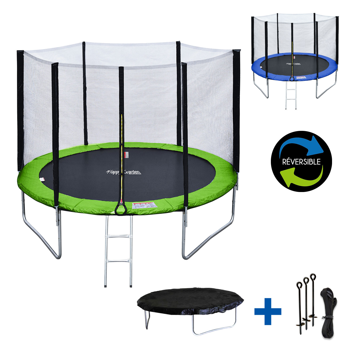 Pack Premium Trampoline 305cm réversible vert / bleu ADELAÏDE + filet, échelle, bâche et kit d'ancrage