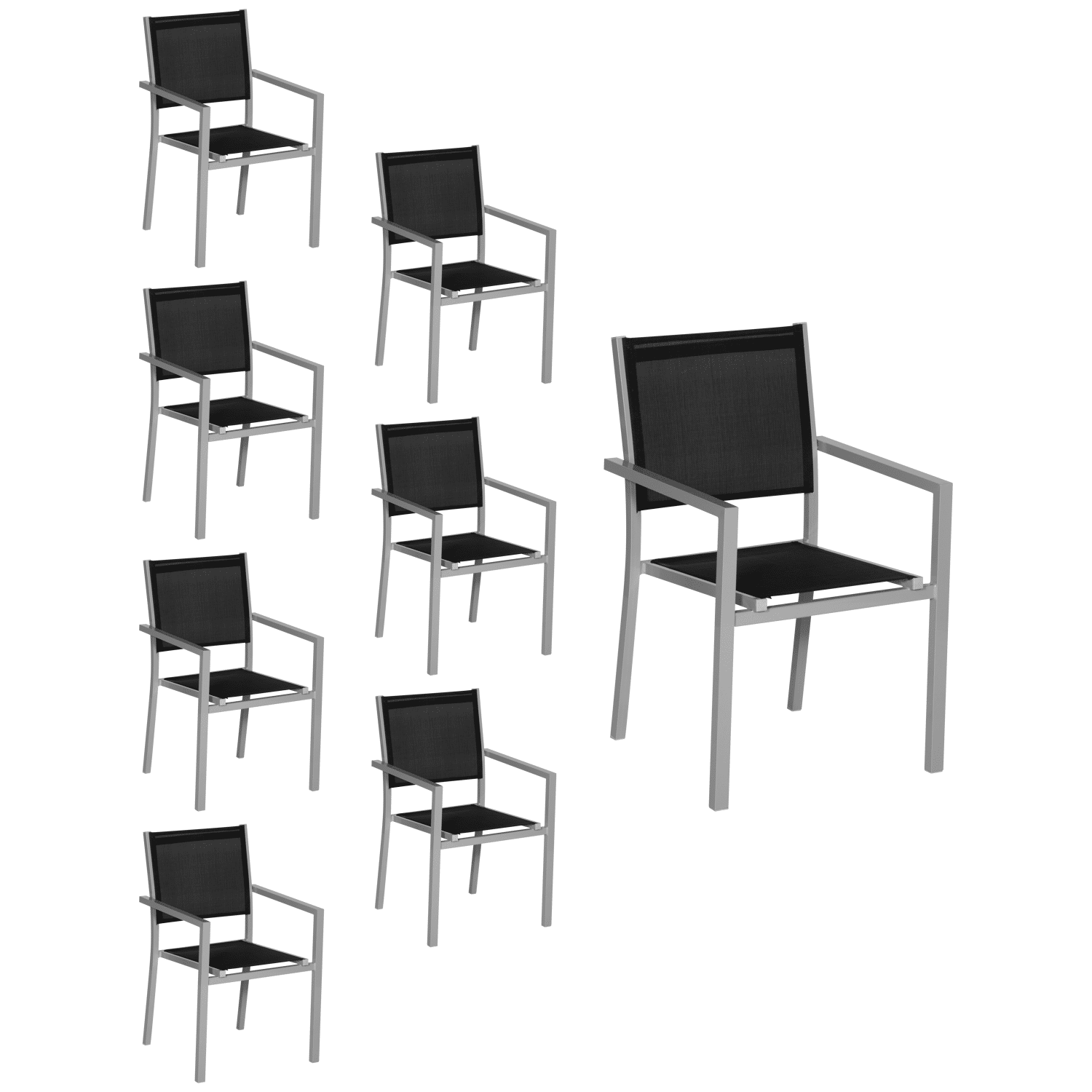 Lot de 8 chaises en aluminium gris - textilène noir