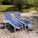 Set 2 bains de soleil et table d'appoint BARBADOS en textilène bleu - aluminium blanc