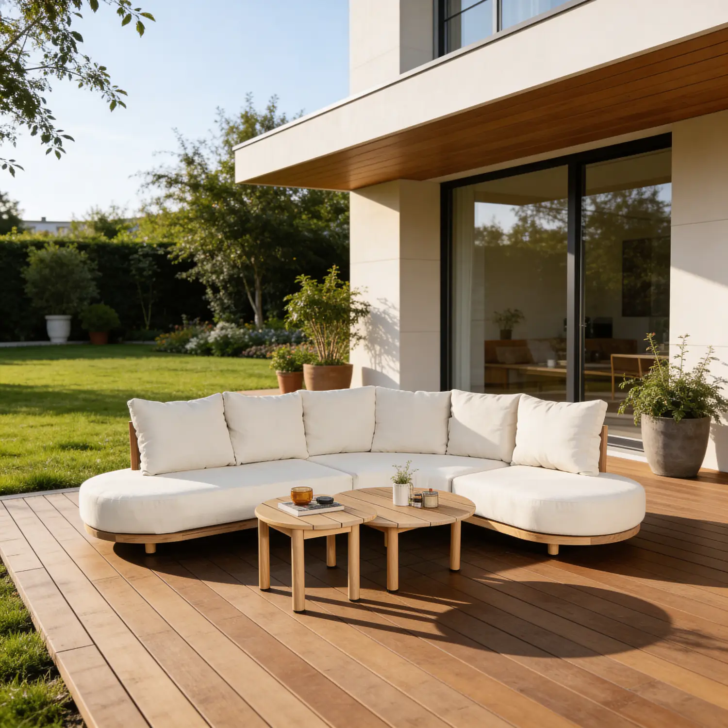 Set di mobili da giardino a 5 posti in acacia con cuscini beige
