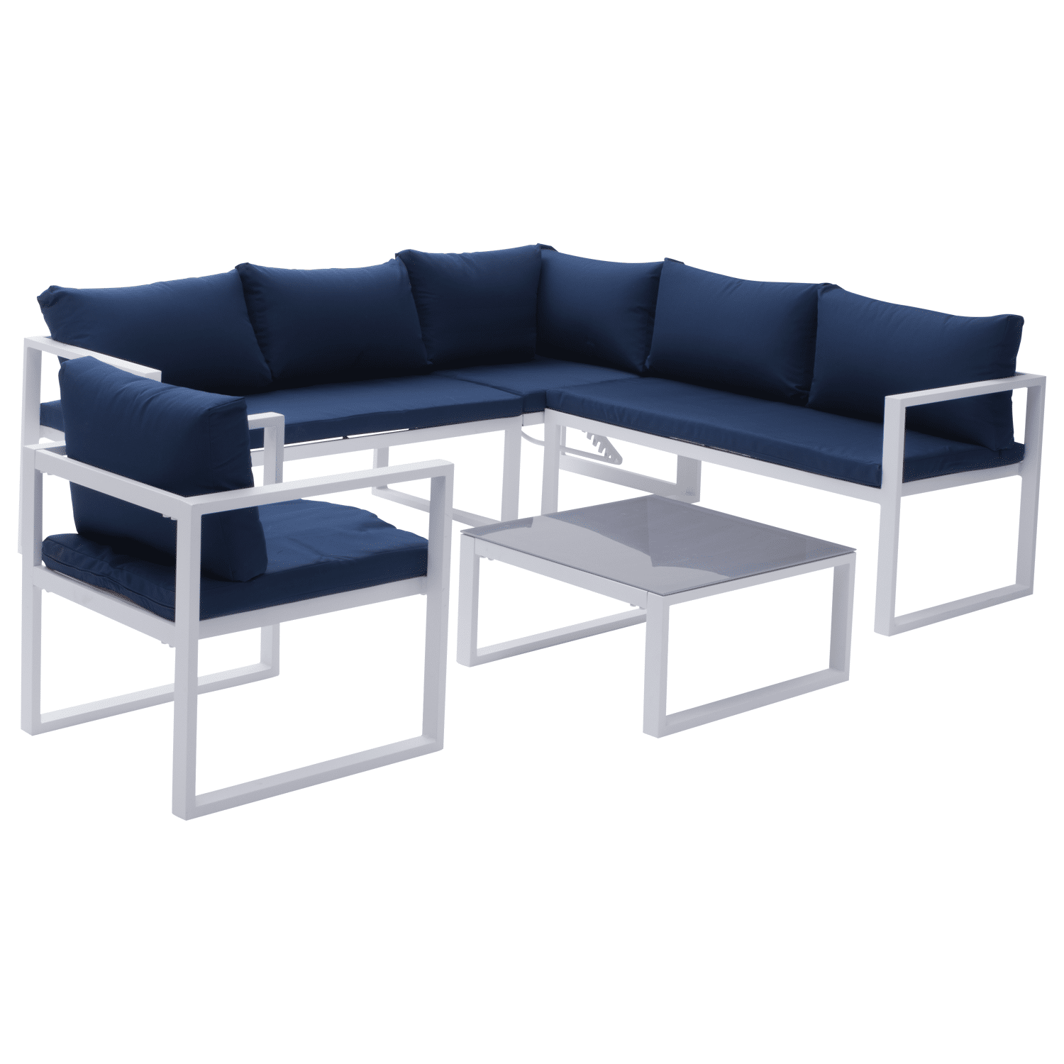 Salon de jardin modulable IBIZA en tissu bleu 7 places - aluminium blanc