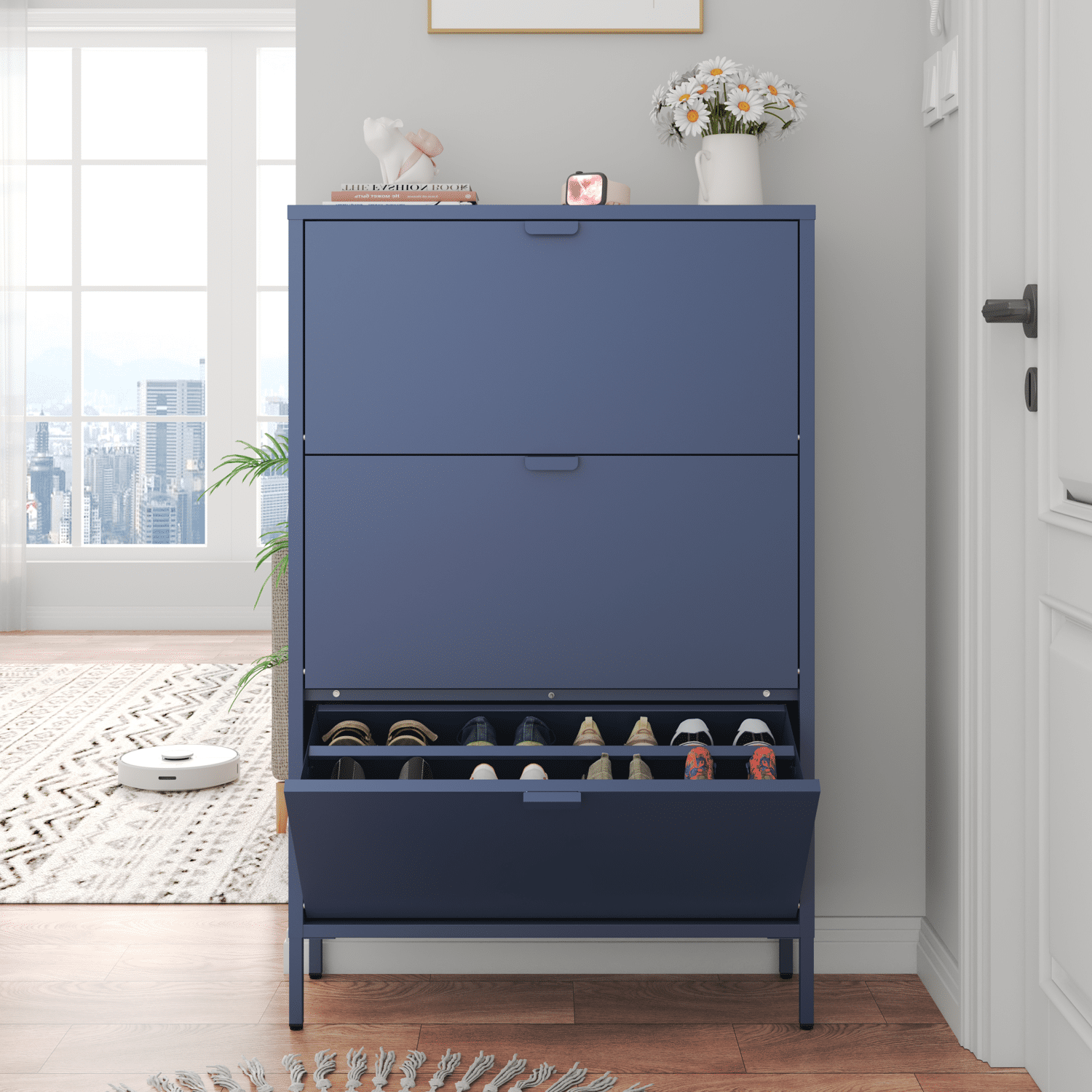 Mueble zapatero MARION 3 puertas metal gris azulado