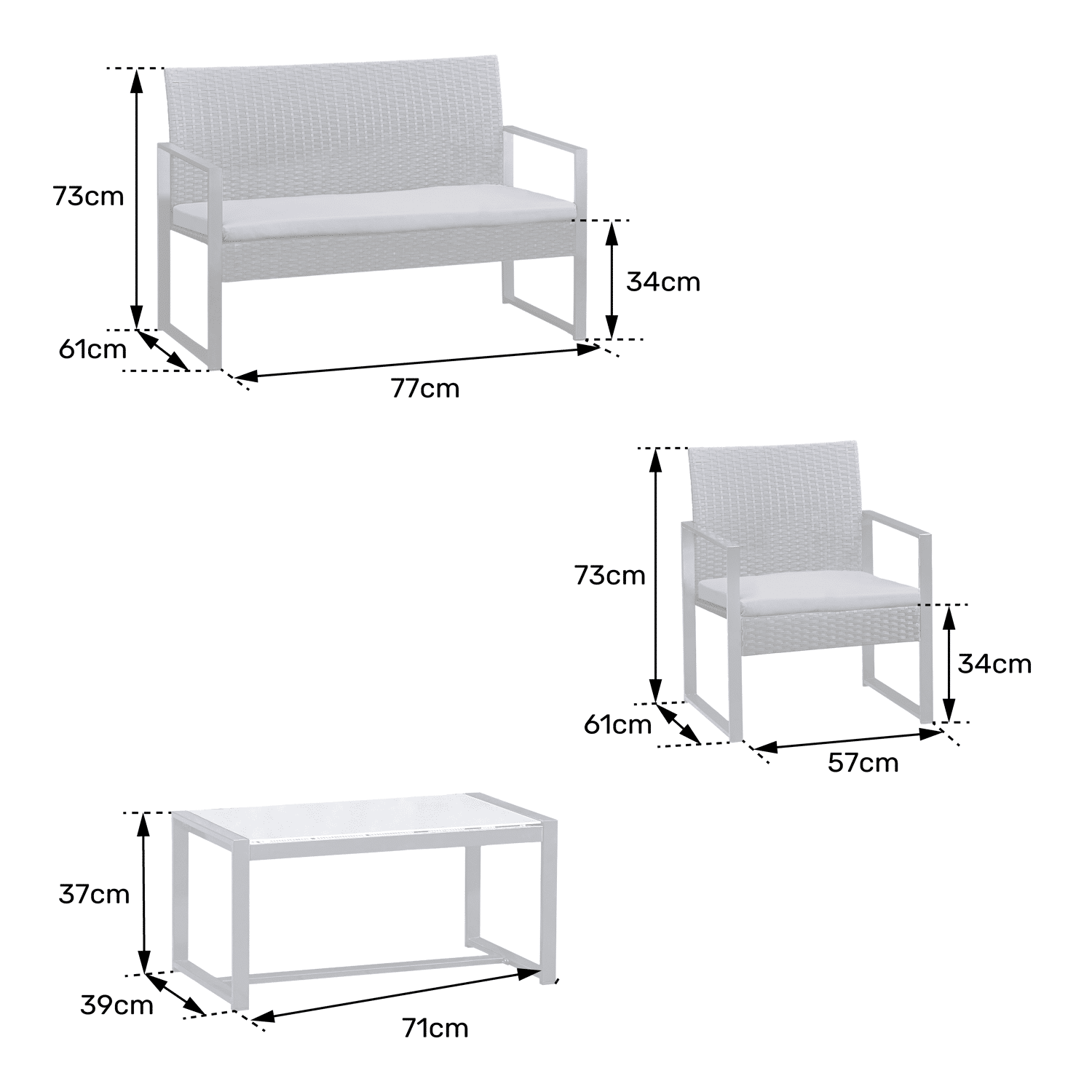 Salon de jardin MAJORQUE en résine tressée noir 4 places - coussins ivoire