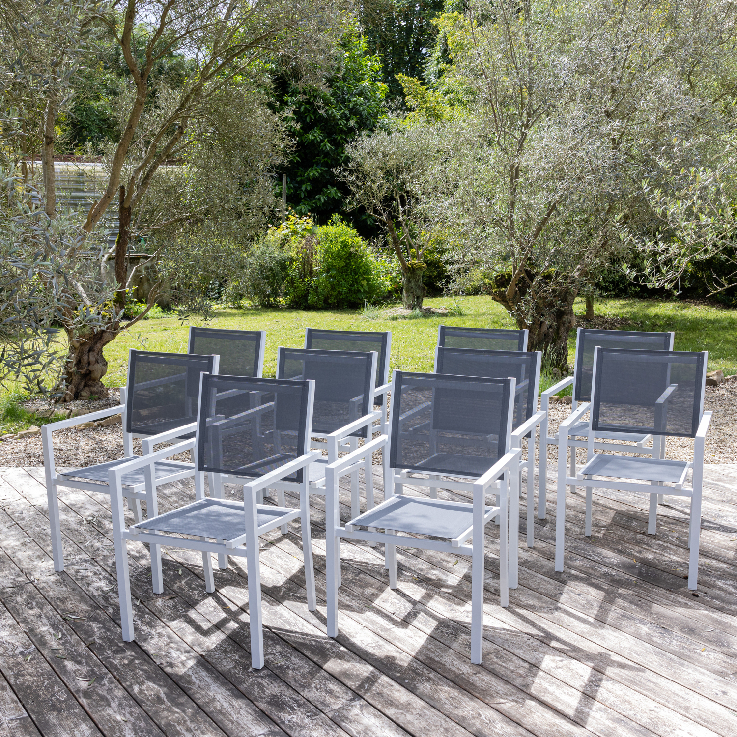 10er-Set Stühle aus weißem Aluminium - graues Textilene