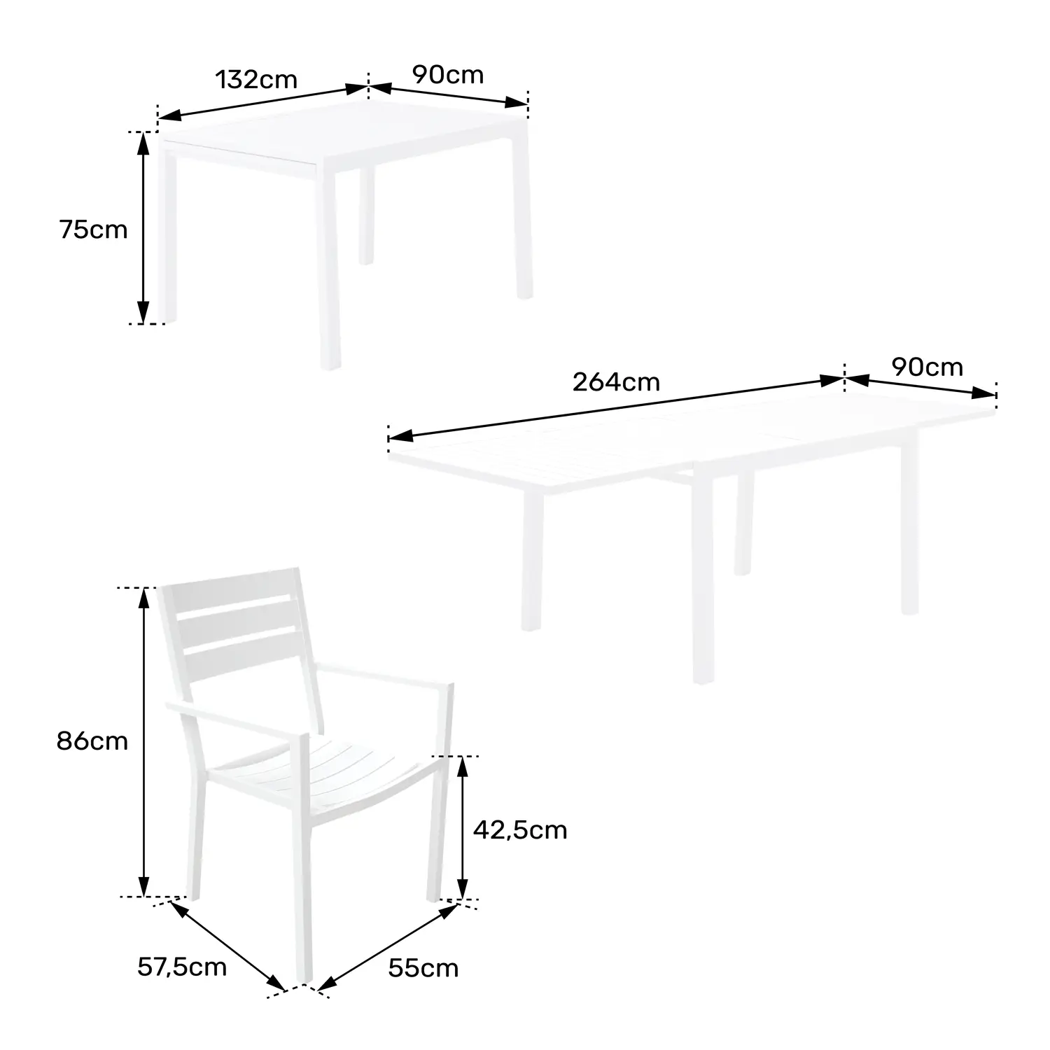 Salon de jardin extensible 132/264 en aluminium blanc - 10 places