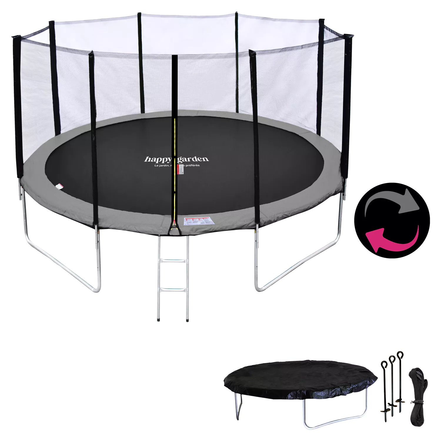 Pack Premium Trampoline 430cm réversible gris / rose MELBOURNE + filet, échelle, bâche et kit d'ancrage