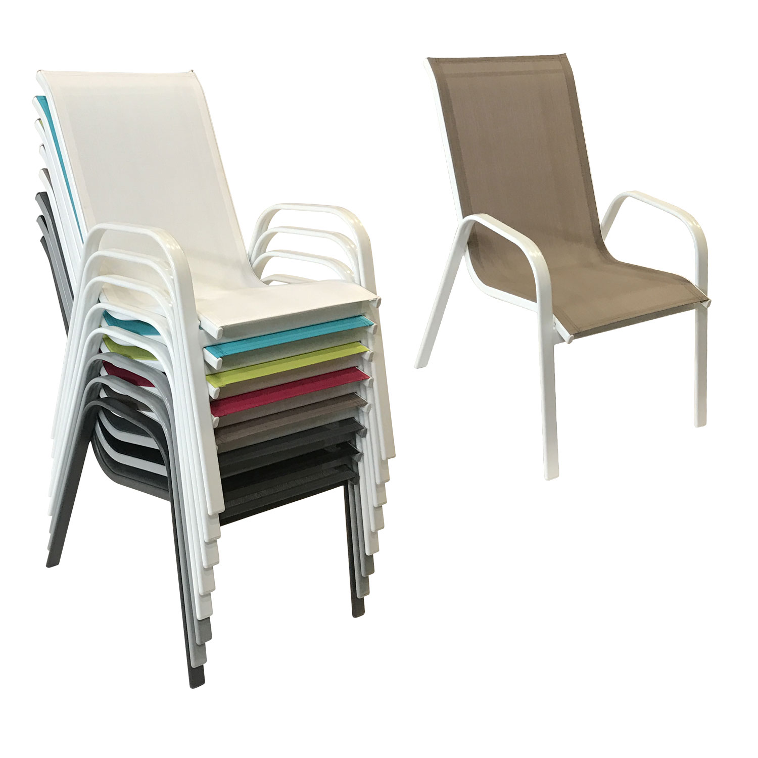 Set van 6 MARBELLA stoelen in taupe textilene - wit aluminium