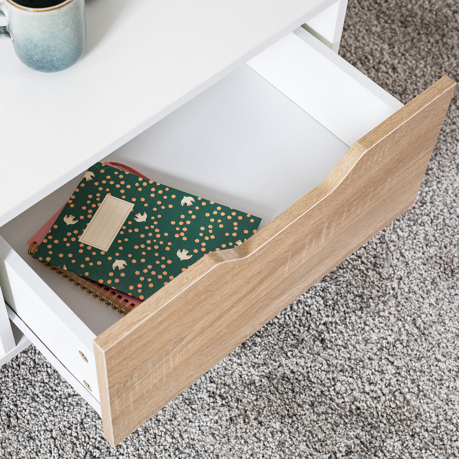 Tavolino FREJA bianco in stile scandinavo con cassetto