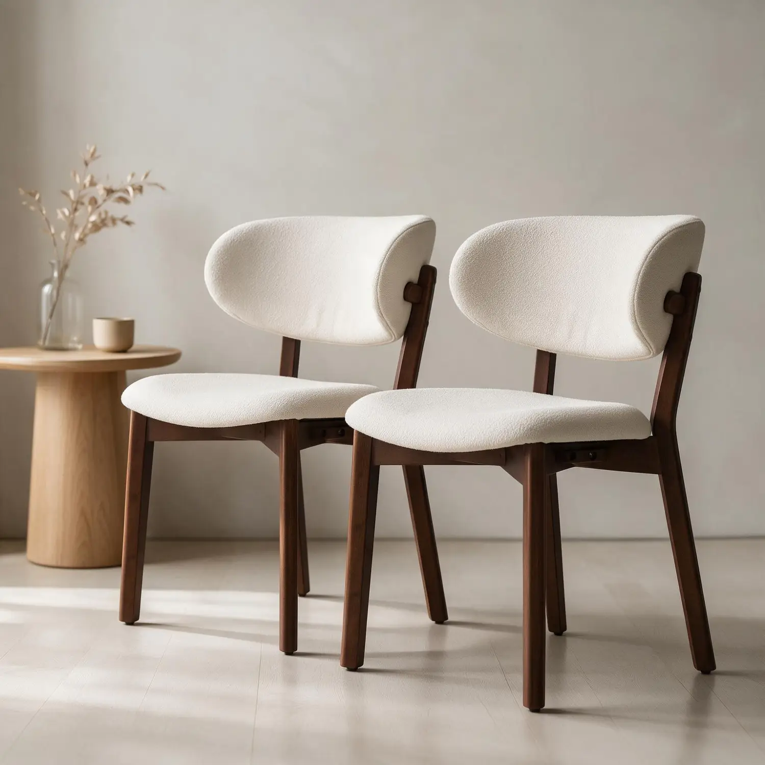 Lot de 2 chaises en bois foncé et tissu boucle beige