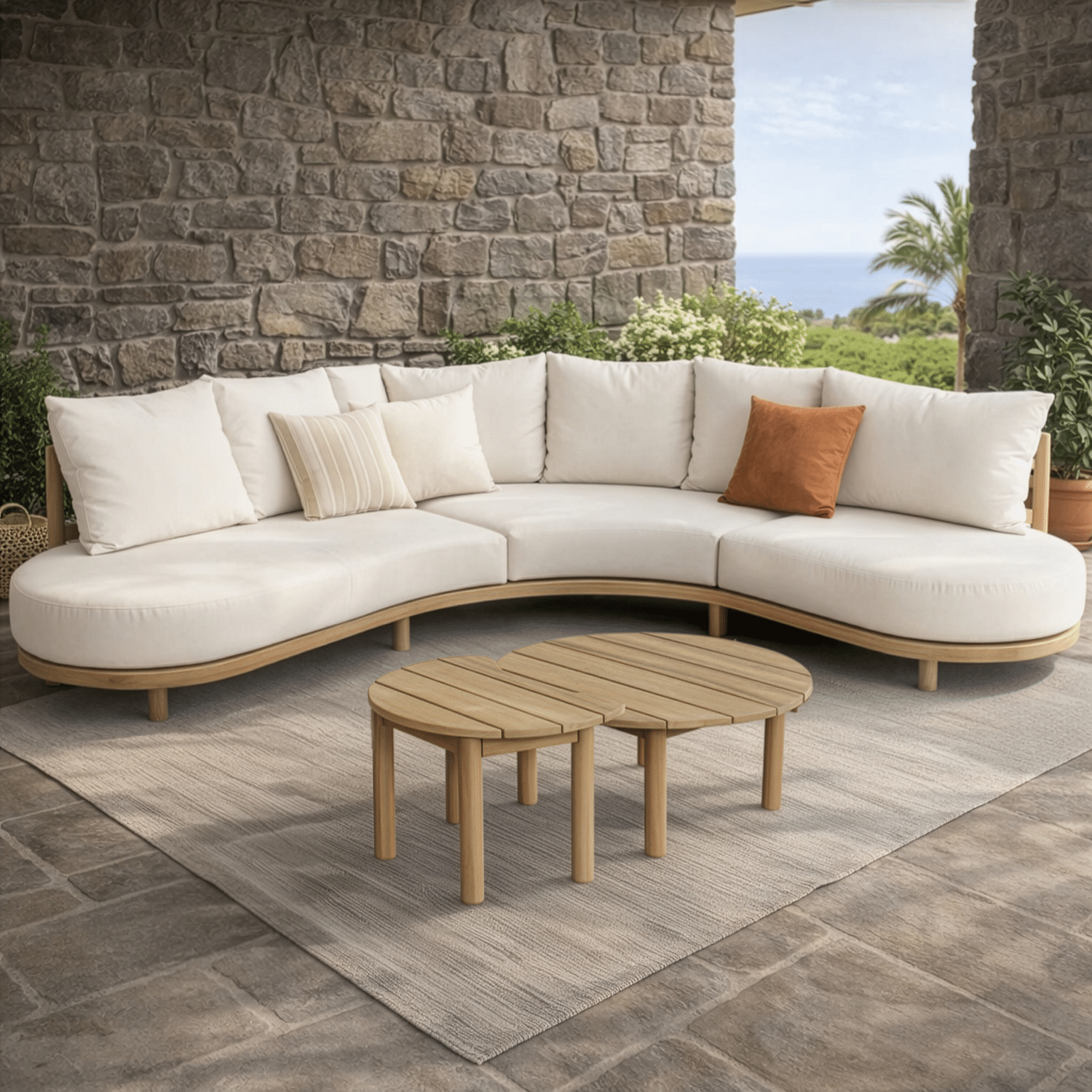 Salon de jardin 5 places en acacia et coussins beige LAGOA