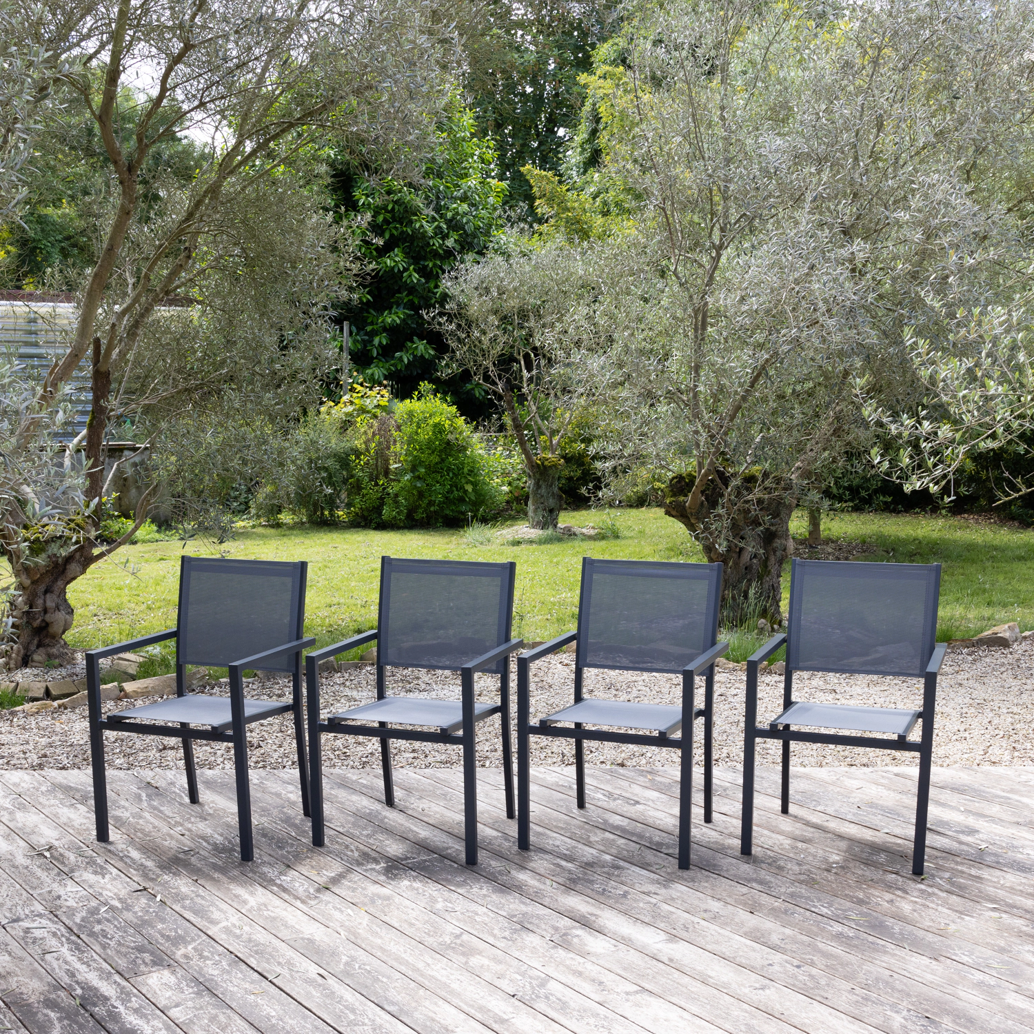 Satz von 4 Stühlen aus anthrazitfarbenem Aluminium - graues Textilene