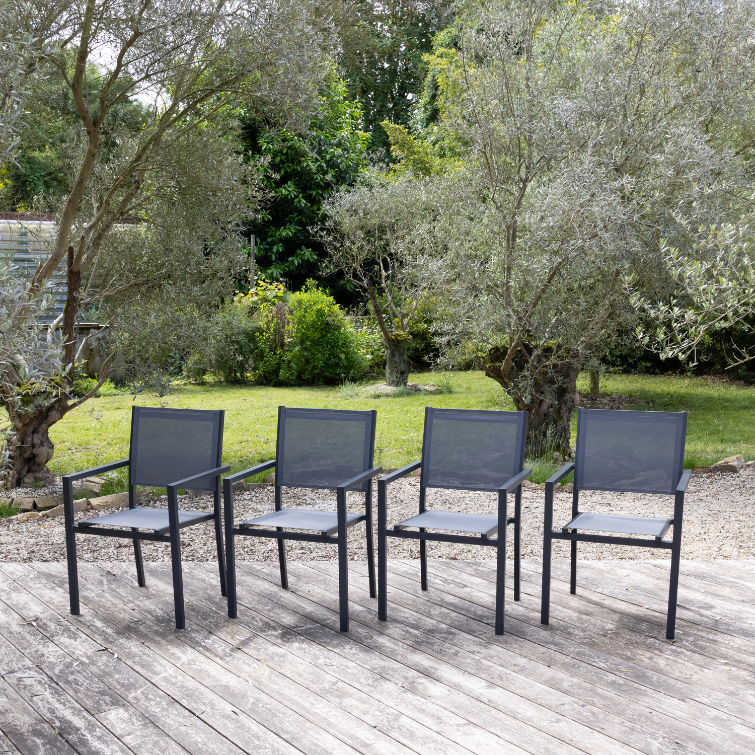 Lot de 4 chaises en aluminium anthracite - textilène gris