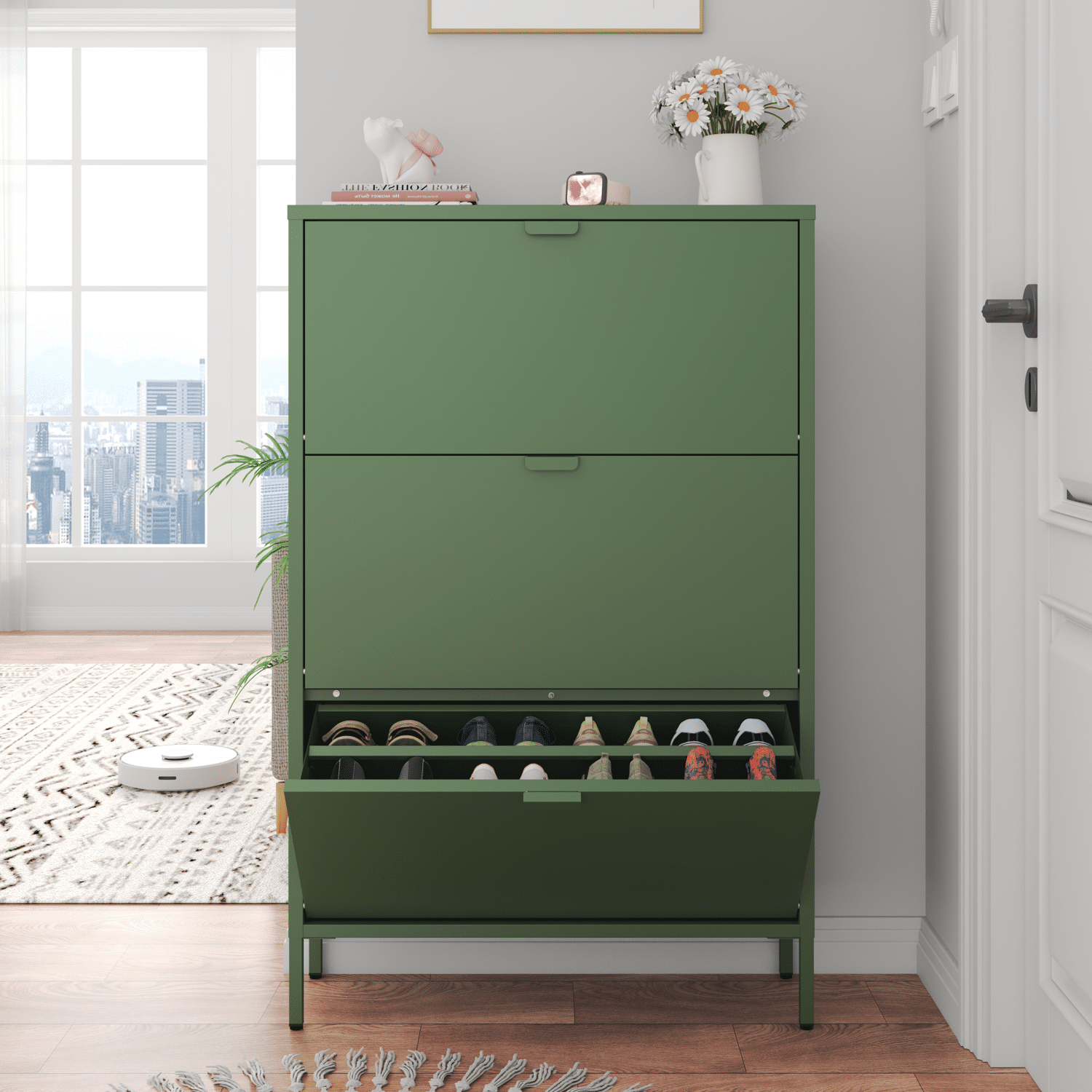 Mueble zapatero de metal verde caqui de 3 puertas MARION