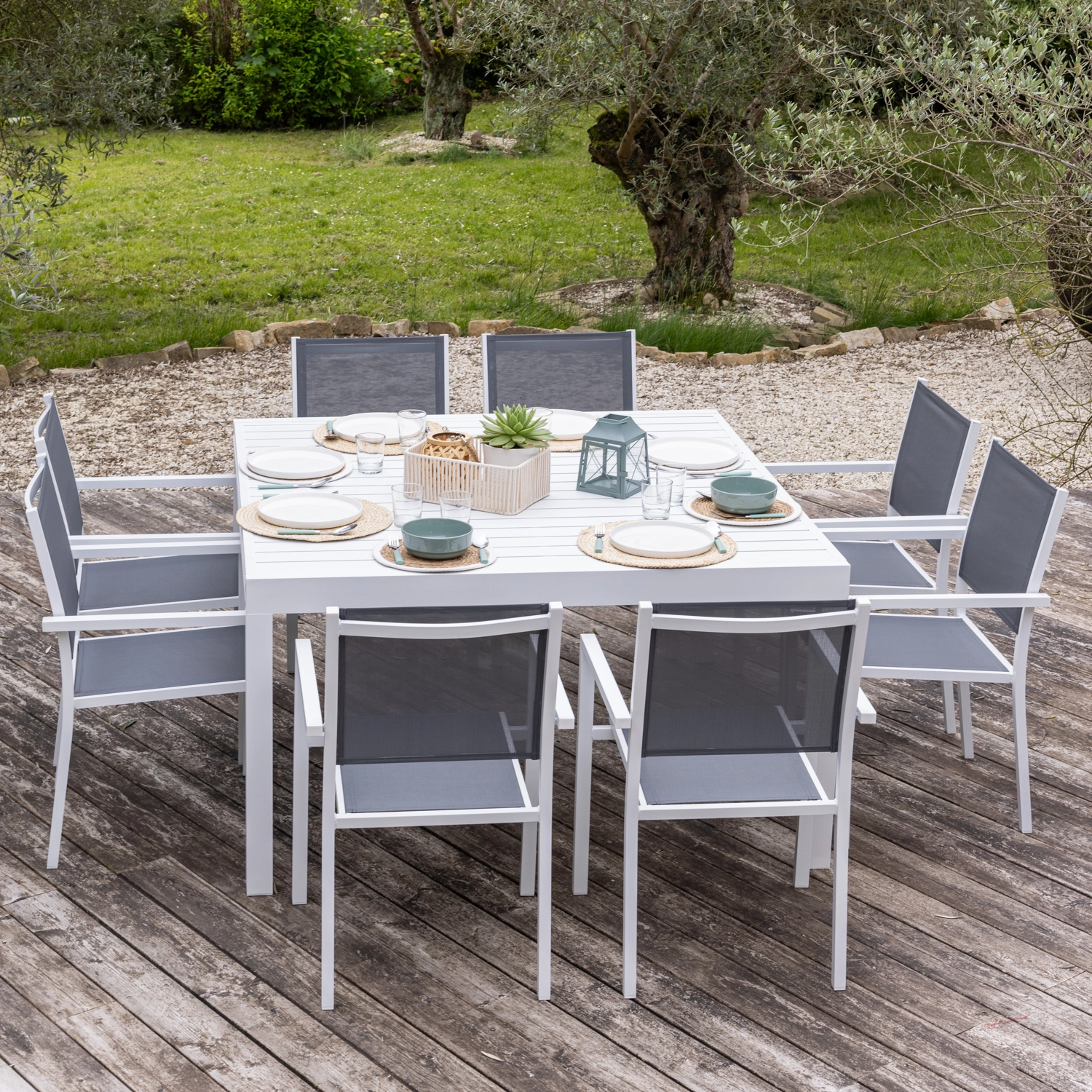 Conjunto de jardín extensible VENEZIA 140/200 en textileno gris 10 plazas - aluminio blanco