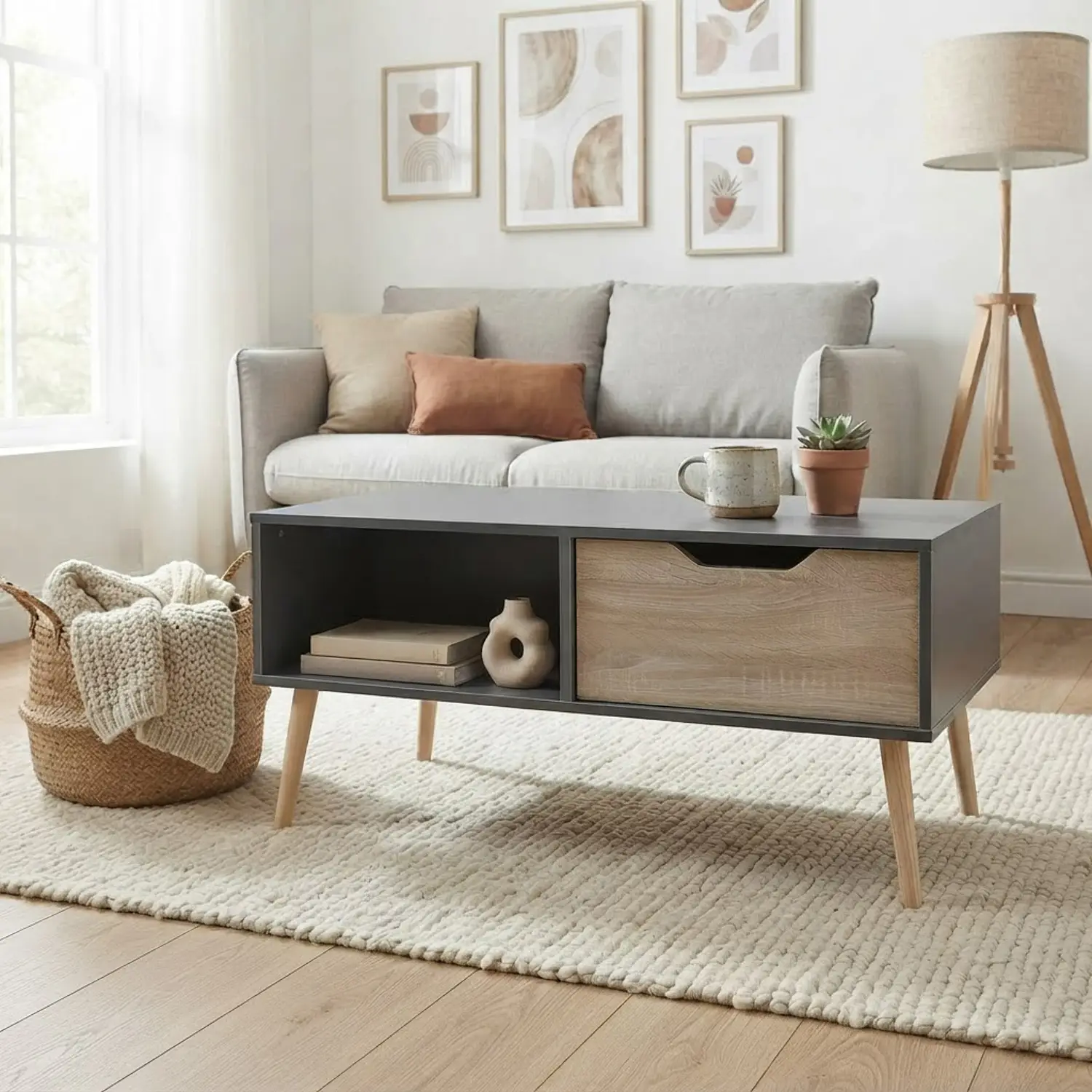 Table basse avec tiroir style scandinave grise