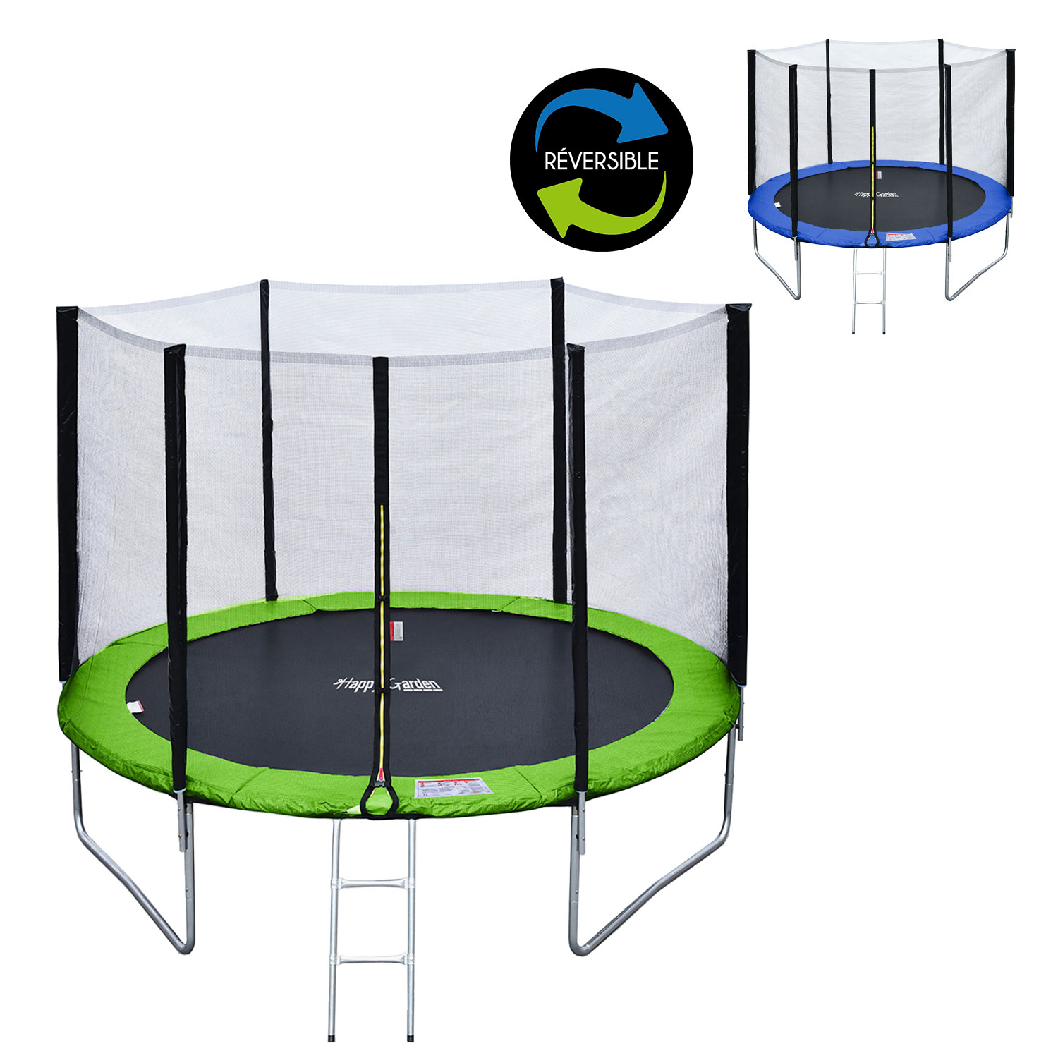 Pack Premium Trampoline 305cm réversible bleu / vert ADELAÏDE + filet, échelle, bâche et kit d'ancrage