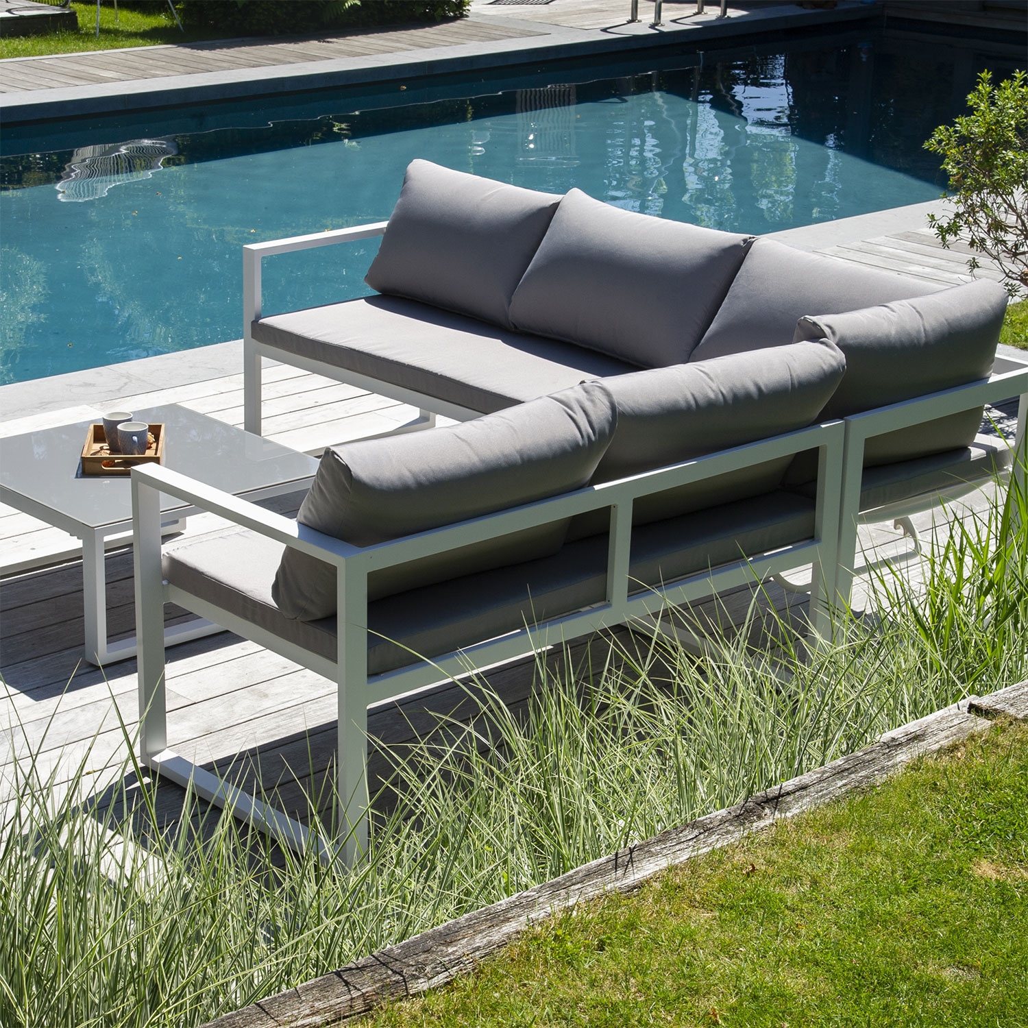 Modularer Gartensalon IBIZA aus grauem Stoff mit 4 Sitzen - Weißaluminium