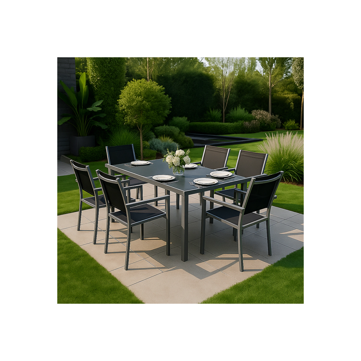 Salon de jardin BERGAMO en textilène noir 6 places - aluminium gris