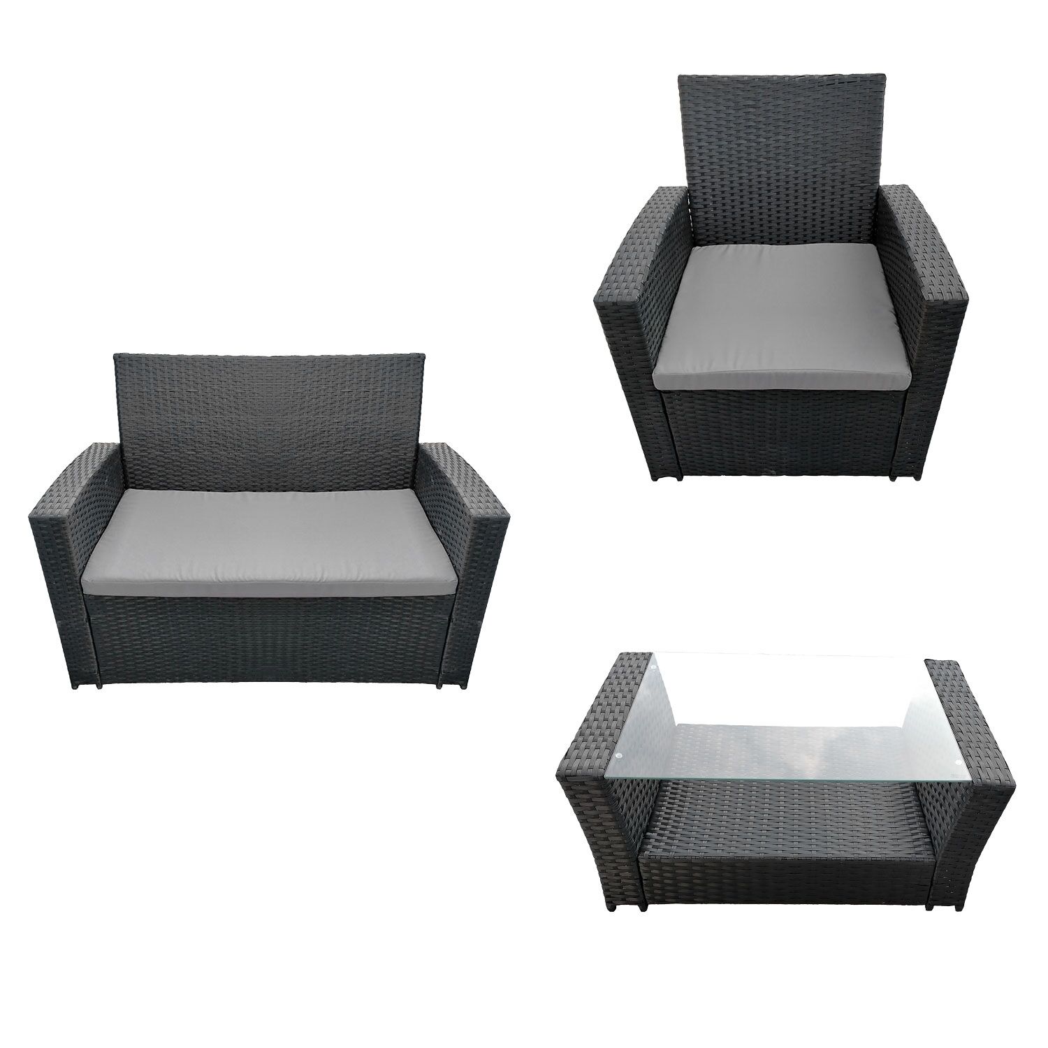 Salon de jardin COMINO en résine tressée noir 4 places - coussins gris