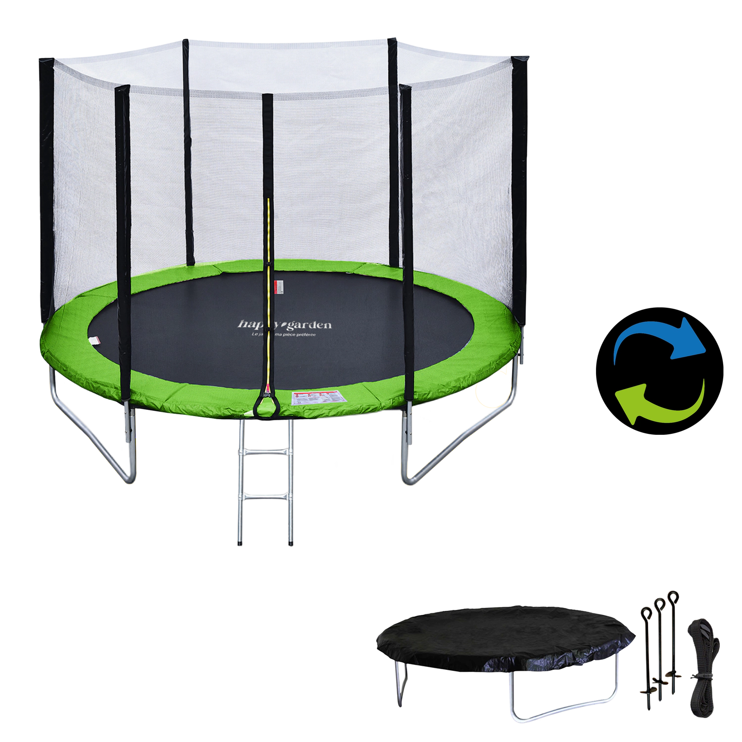 Premium Pack Trampolin 180cm wendbar grün / blau CAIRNS + Netz, Leiter, Plane und Verankerungsset