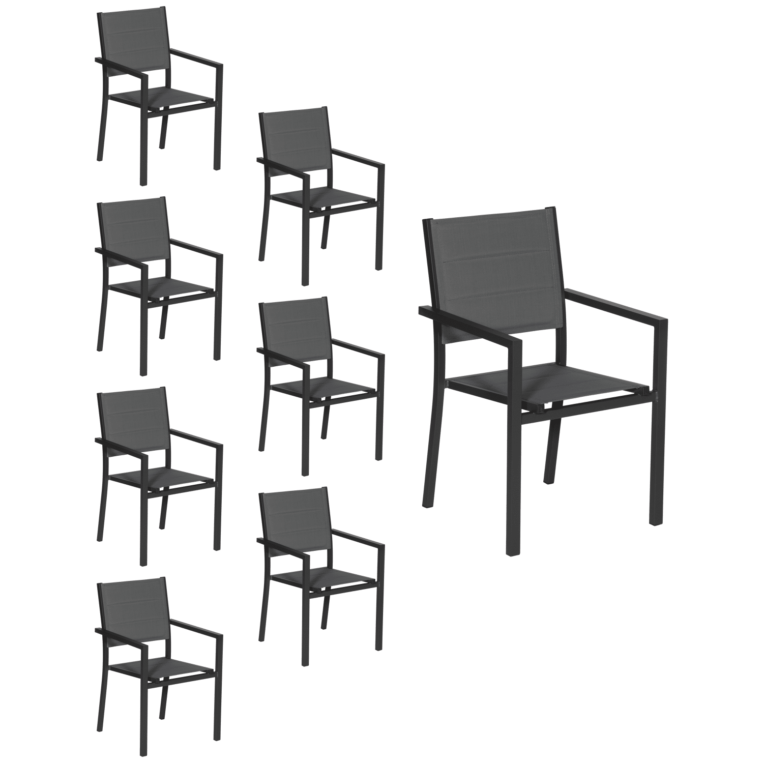 Lot de 8 chaises rembourrées en aluminium anthracite - textilène gris