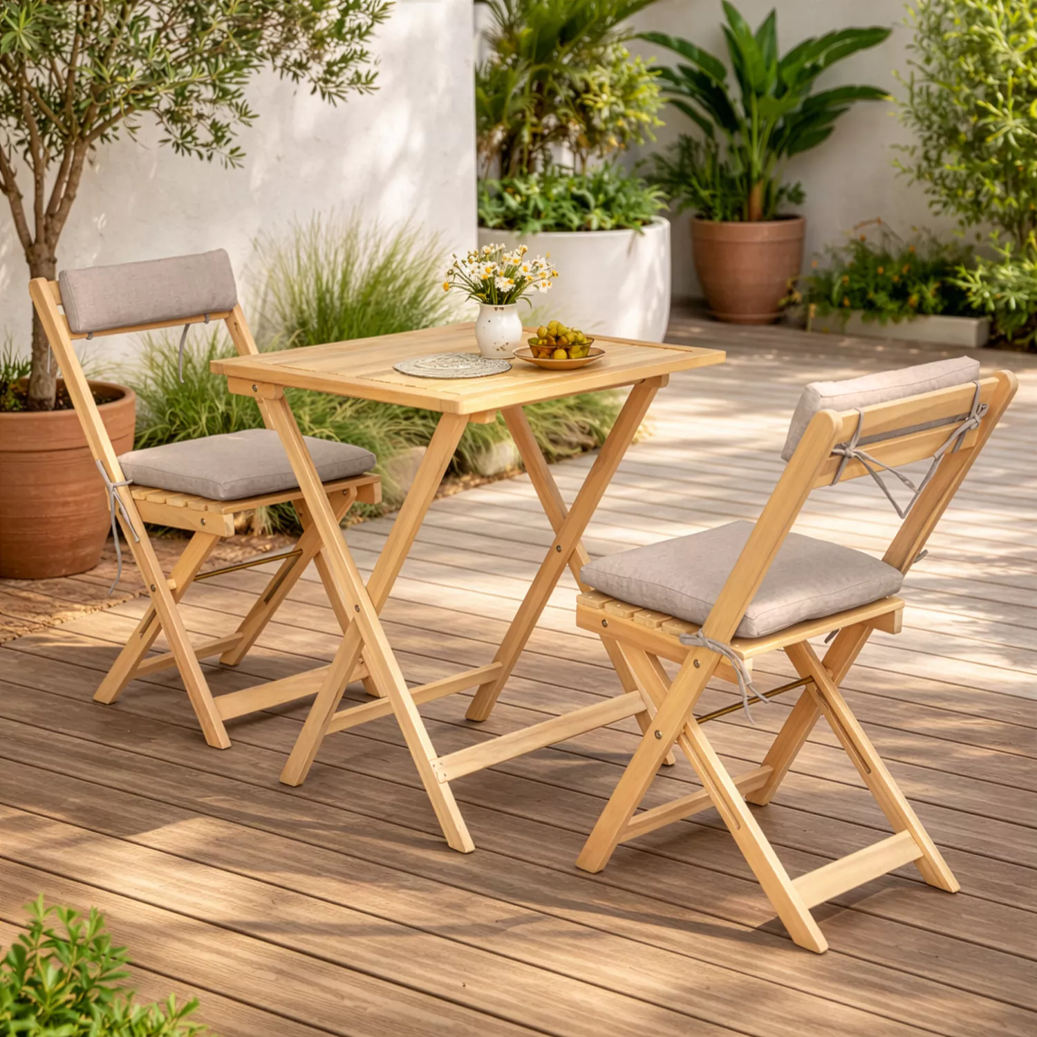 Set da tavolo e sedie per 2 posti in acacia e cuscini sabbia BENAGIL