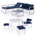 Salon de jardin modulable IBIZA en tissu bleu 7 places - aluminium blanc