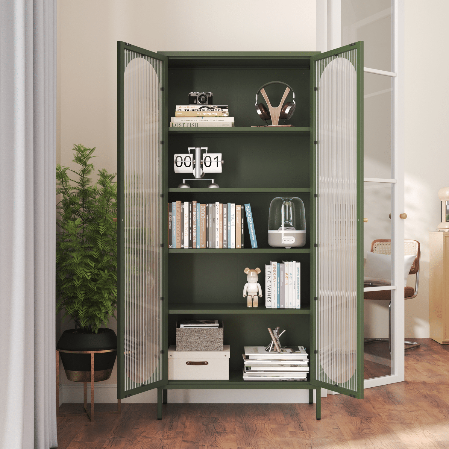 Armoire en métal vert kaki et verre 180cm YASMINE