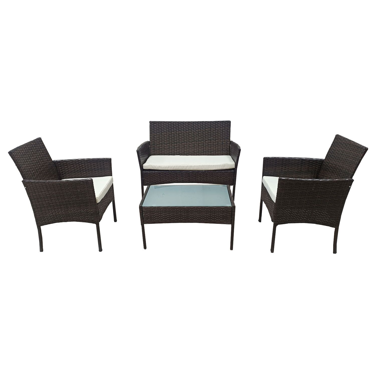 CORFOU tuinset in bruin gevlochten kunststof - 4 zitplaatsen - beige kussens