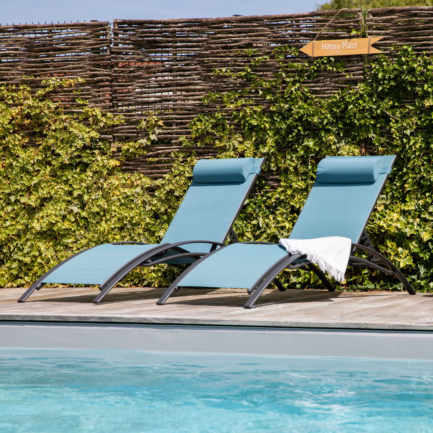 Lot de 2 transats GALAPAGOS en textilène bleu gris - aluminium gris anthracite