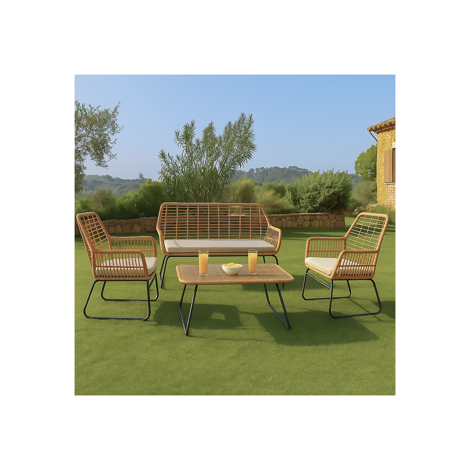 Conjunto de jardín MARÉ en resina trenzada 4 plazas cojines crema